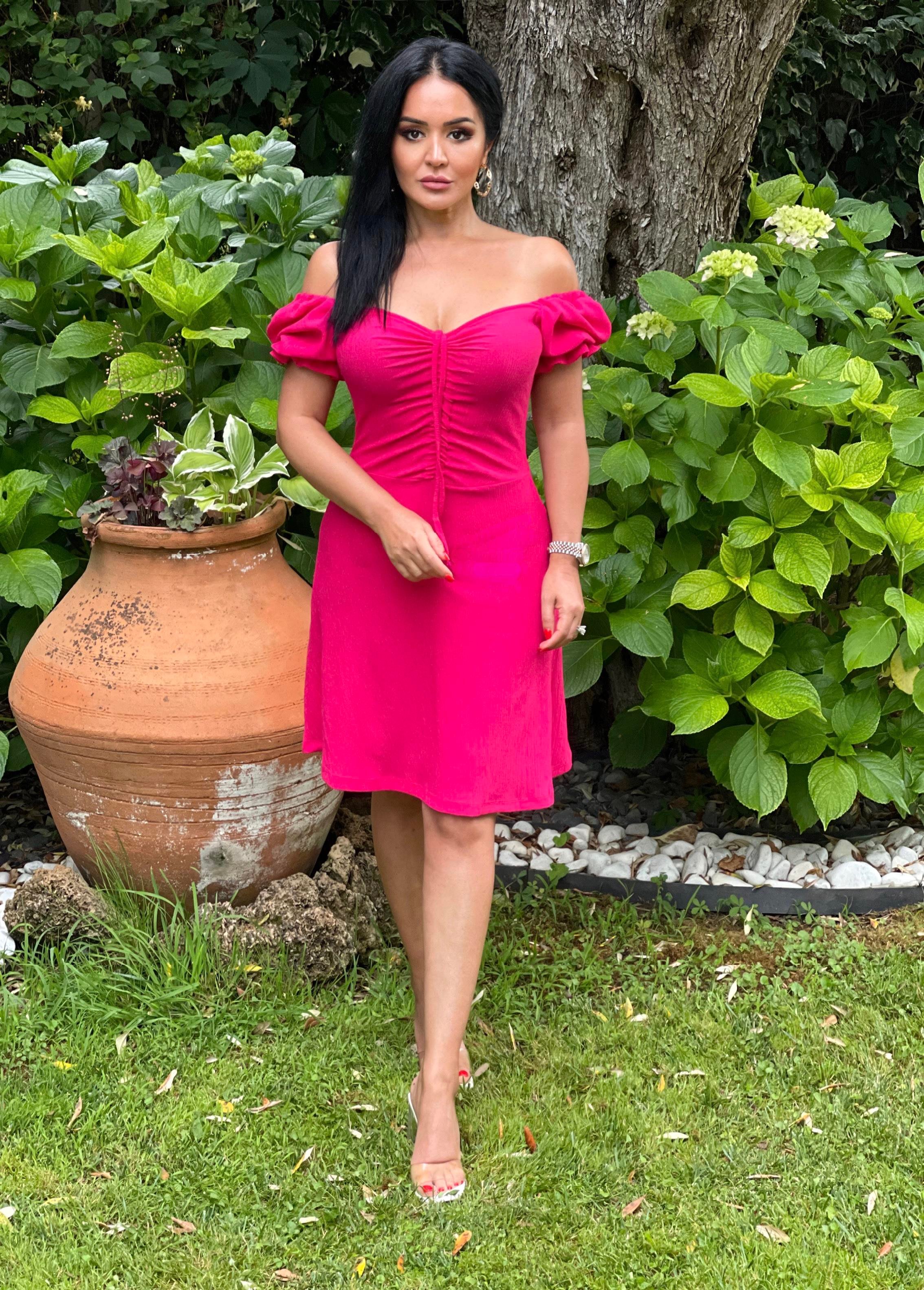 4796 Önü büzgülü  pembe mini  elbise4796 