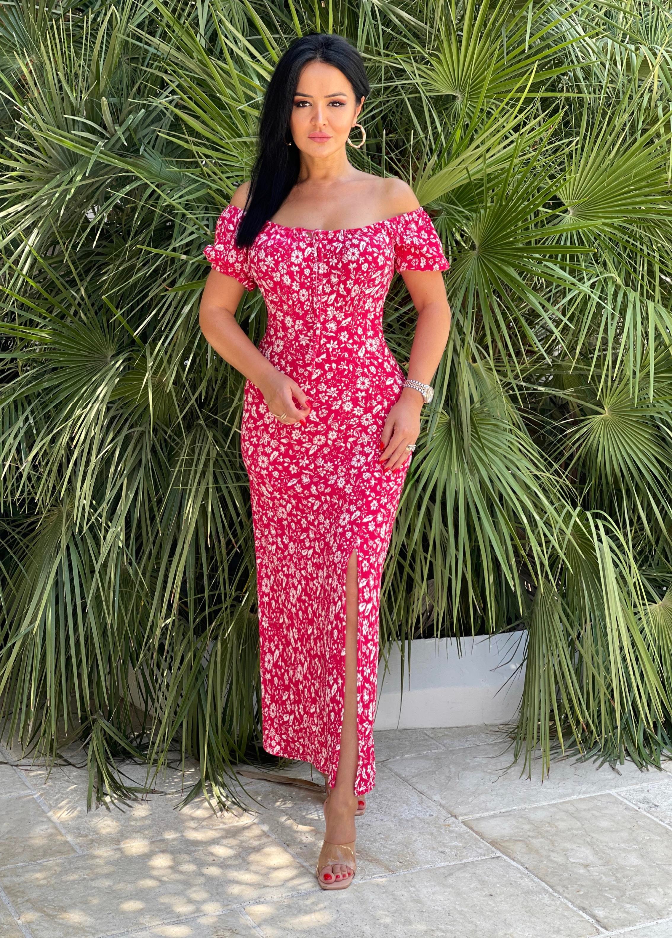 4797 Önü bağlamalı pembe çiçek  elbise4797