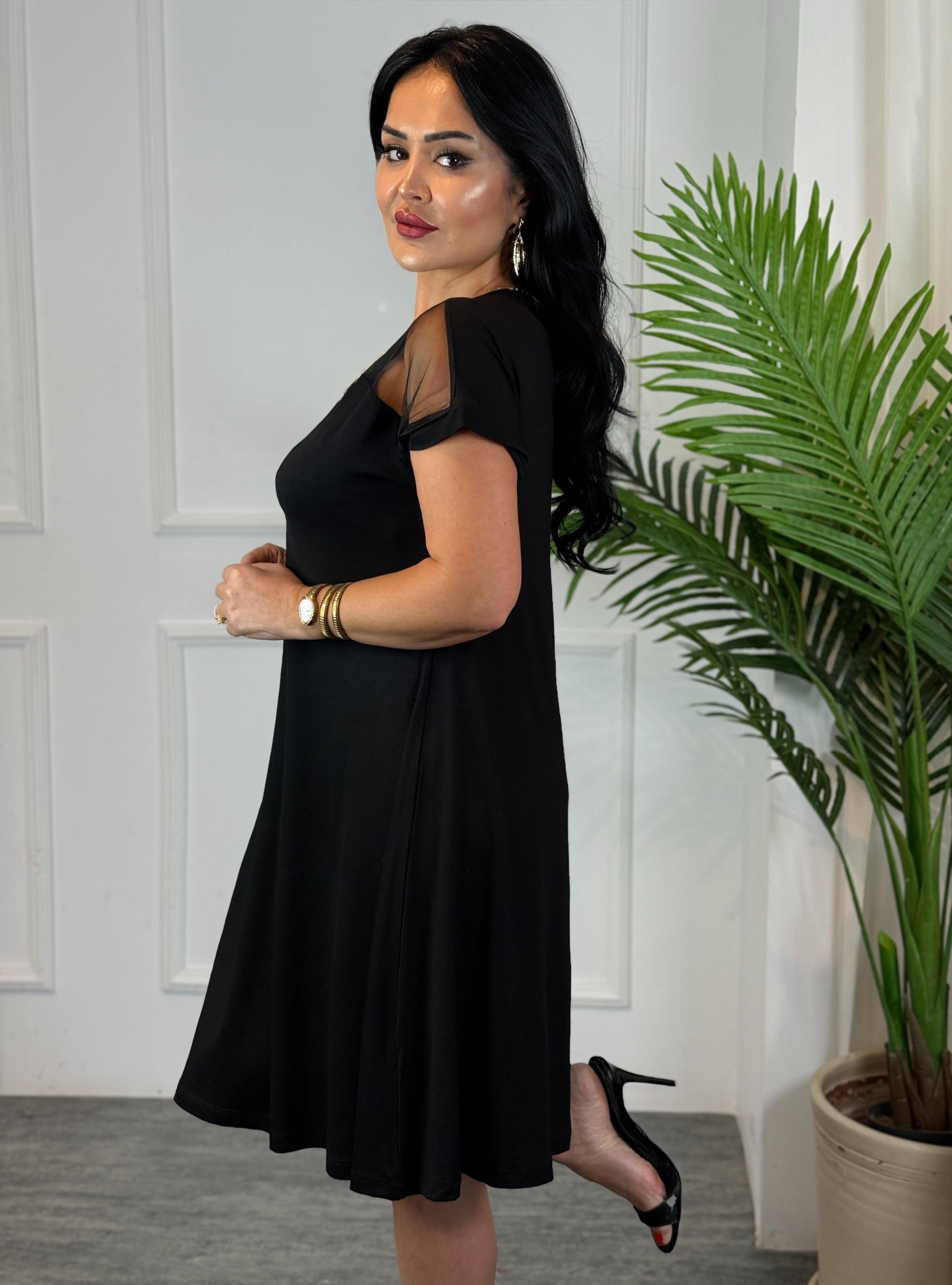 4803 Velours fermuarlı siyah elbise4803