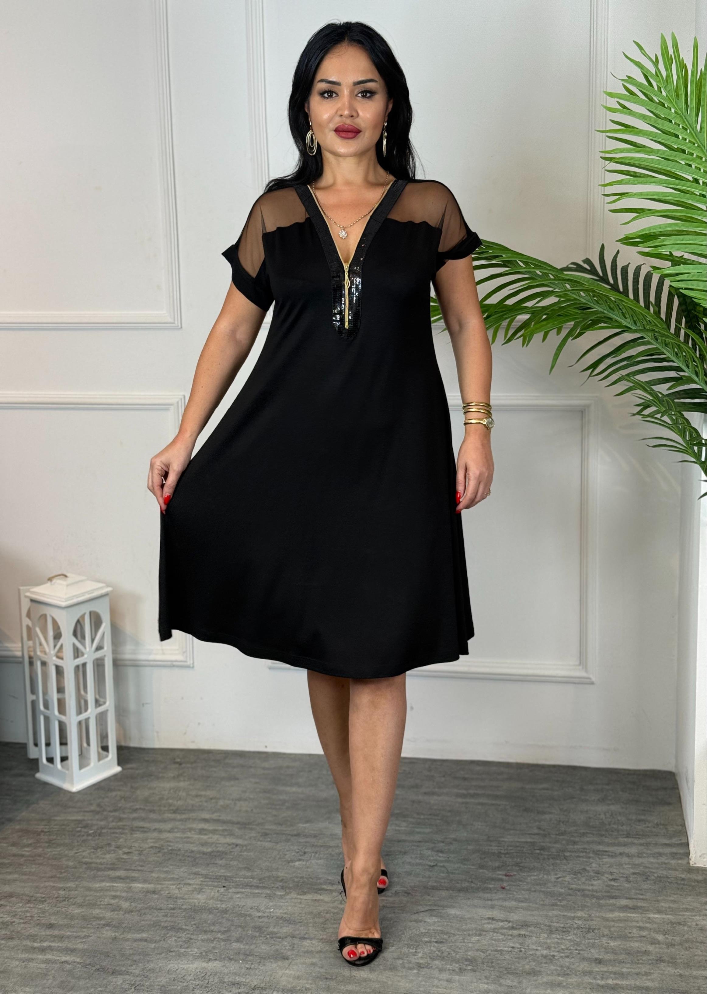 4803 Velours fermuarlı siyah elbise4803