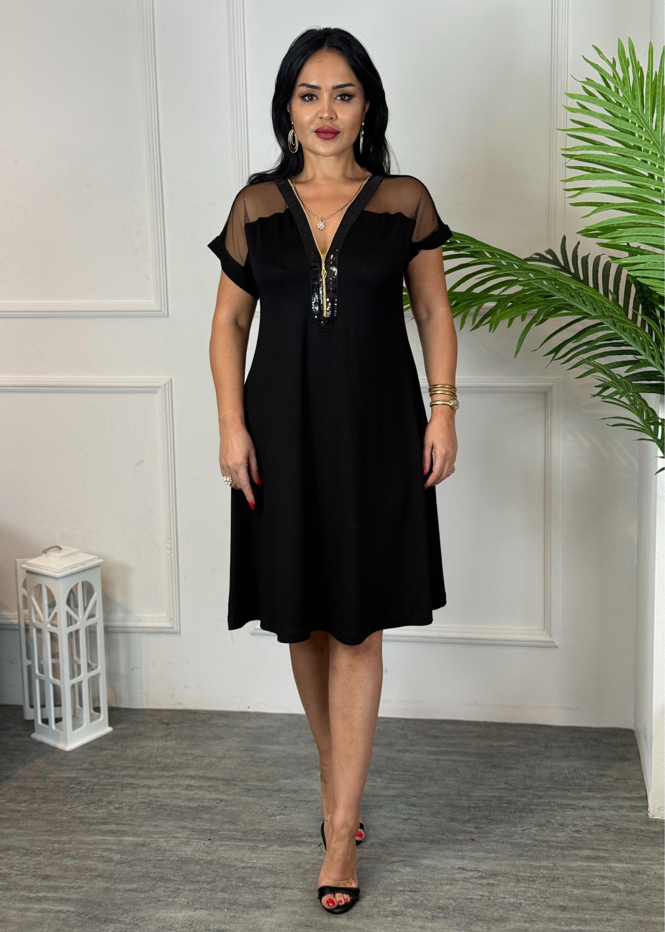 4803 Velours fermuarlı siyah elbise4803