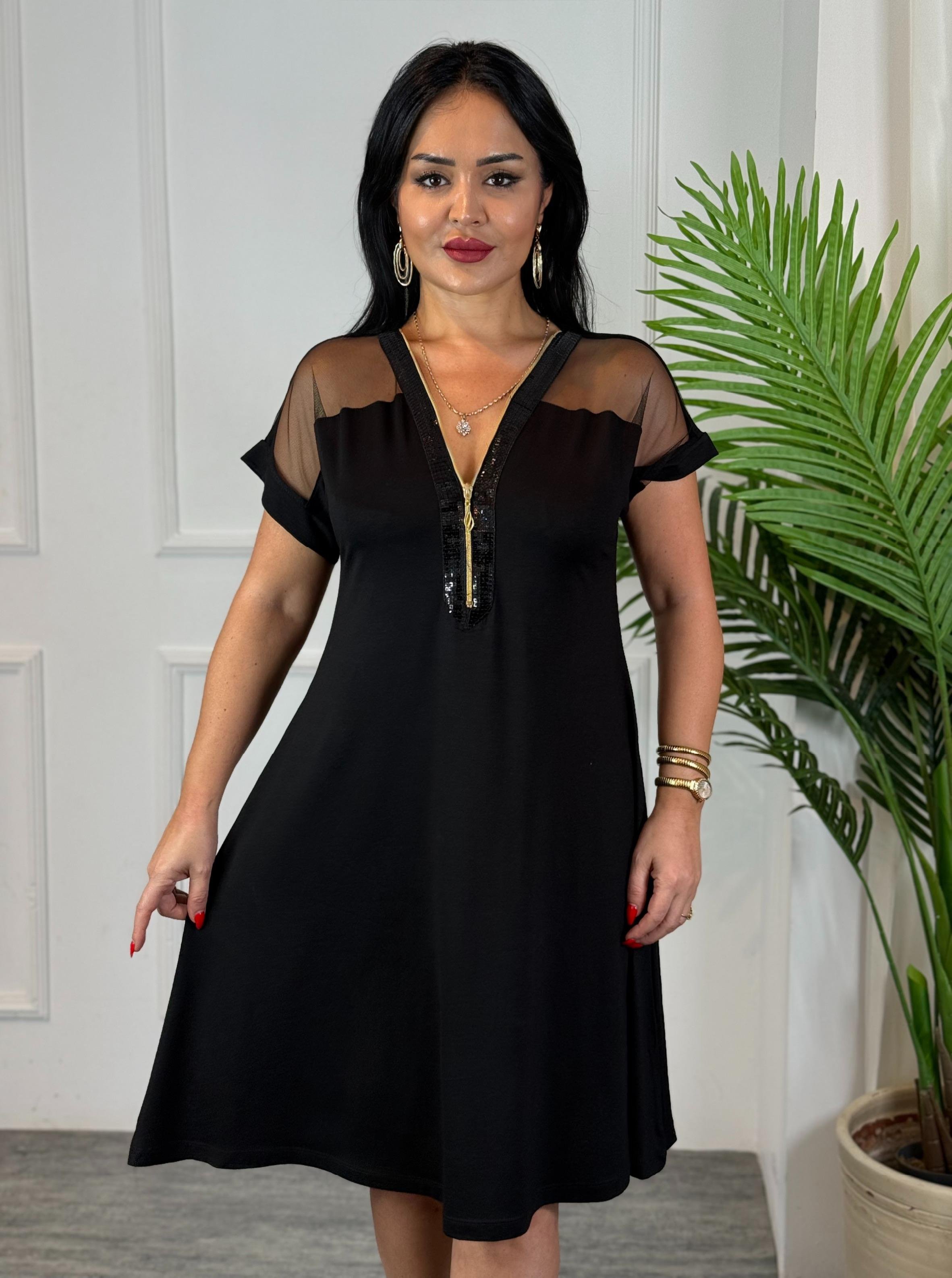 4803 Velours fermuarlı siyah elbise4803