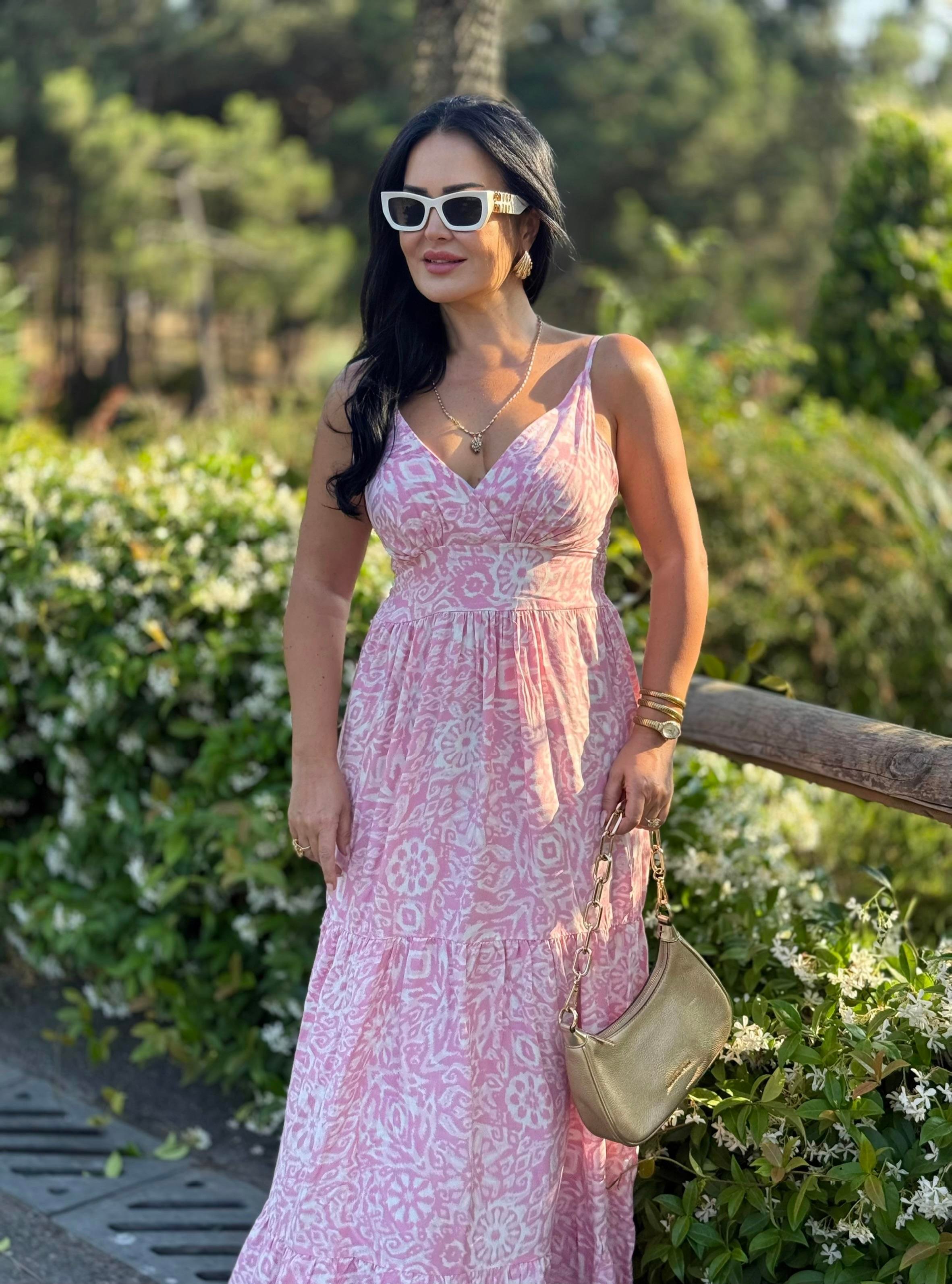 4807  Venedik  pembe desenli elbise4807