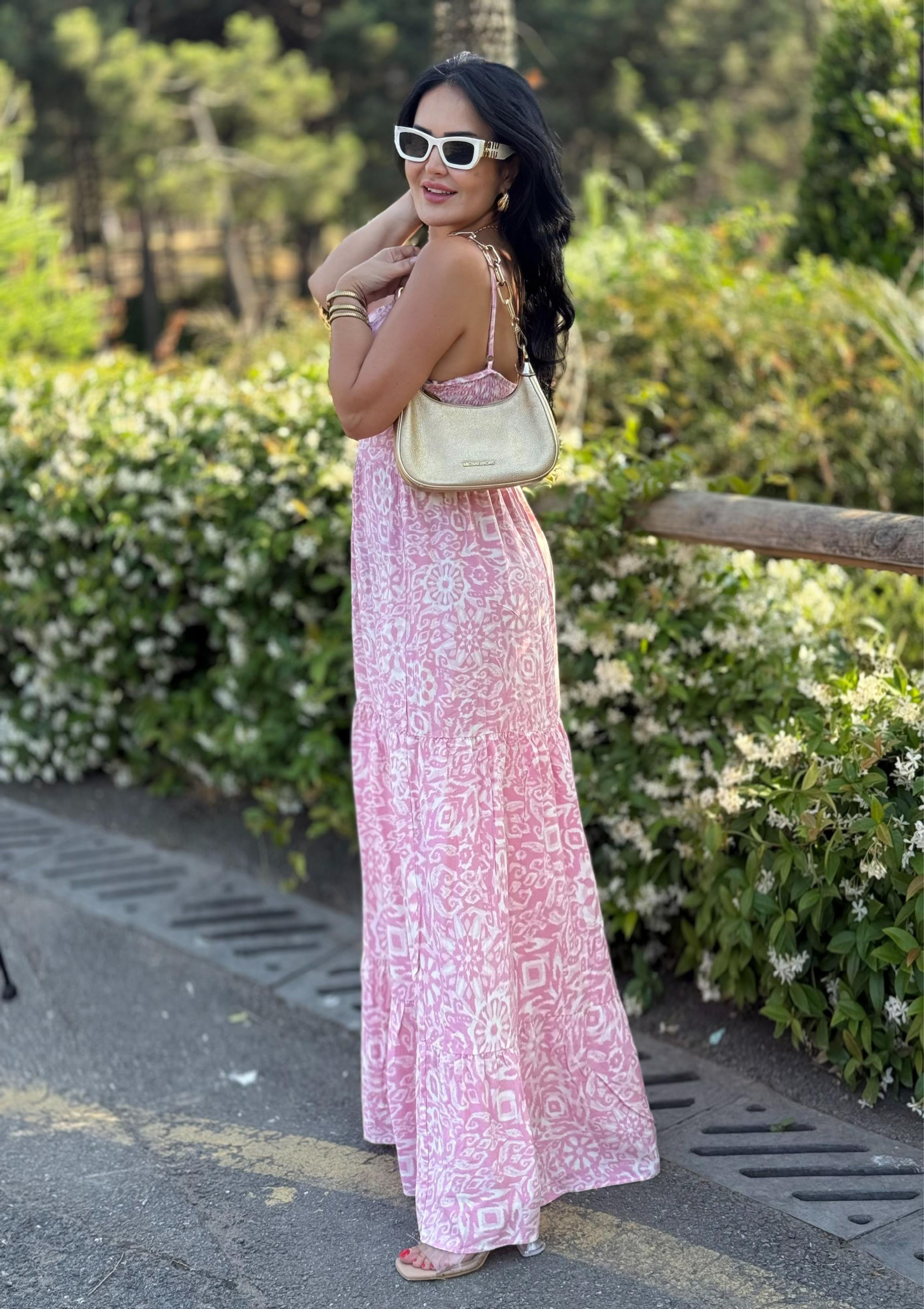 4807  Venedik  pembe desenli elbise4807