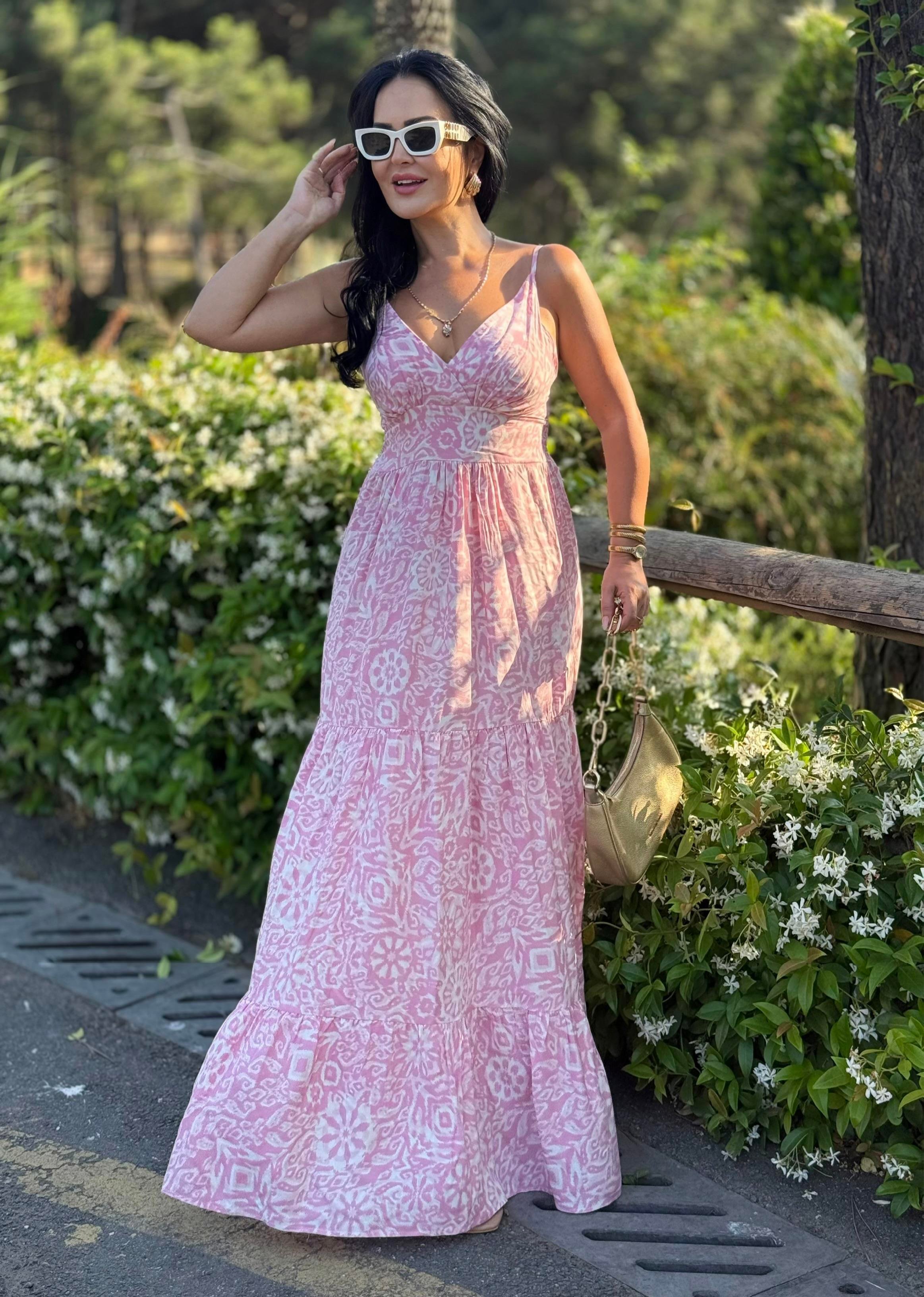 4807  Venedik  pembe desenli elbise4807