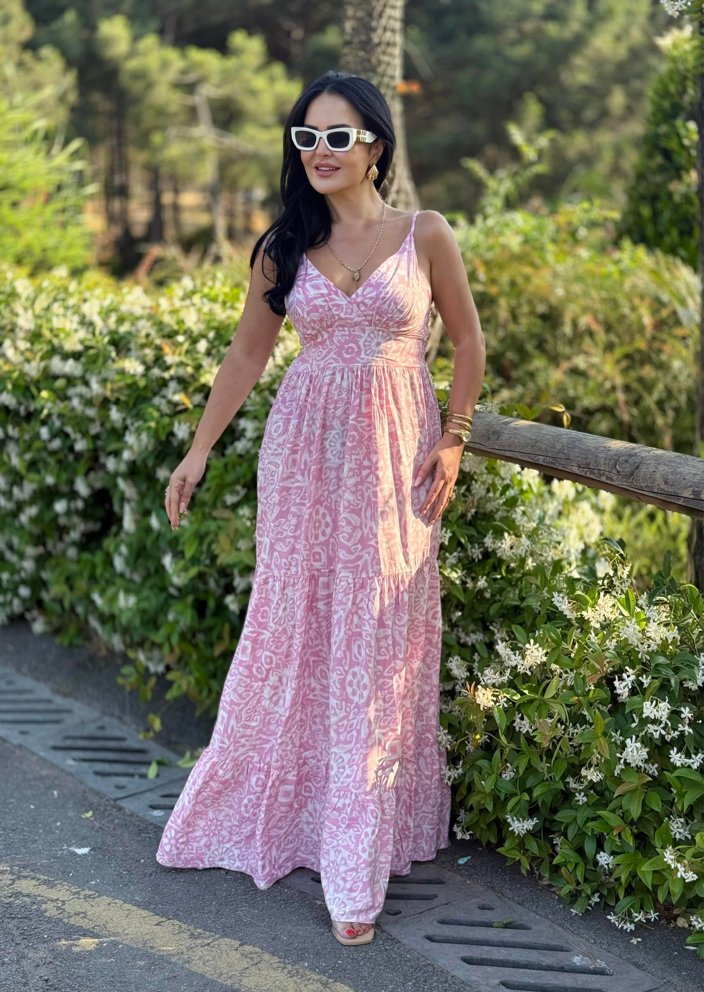 4807  Venedik  pembe desenli elbise4807