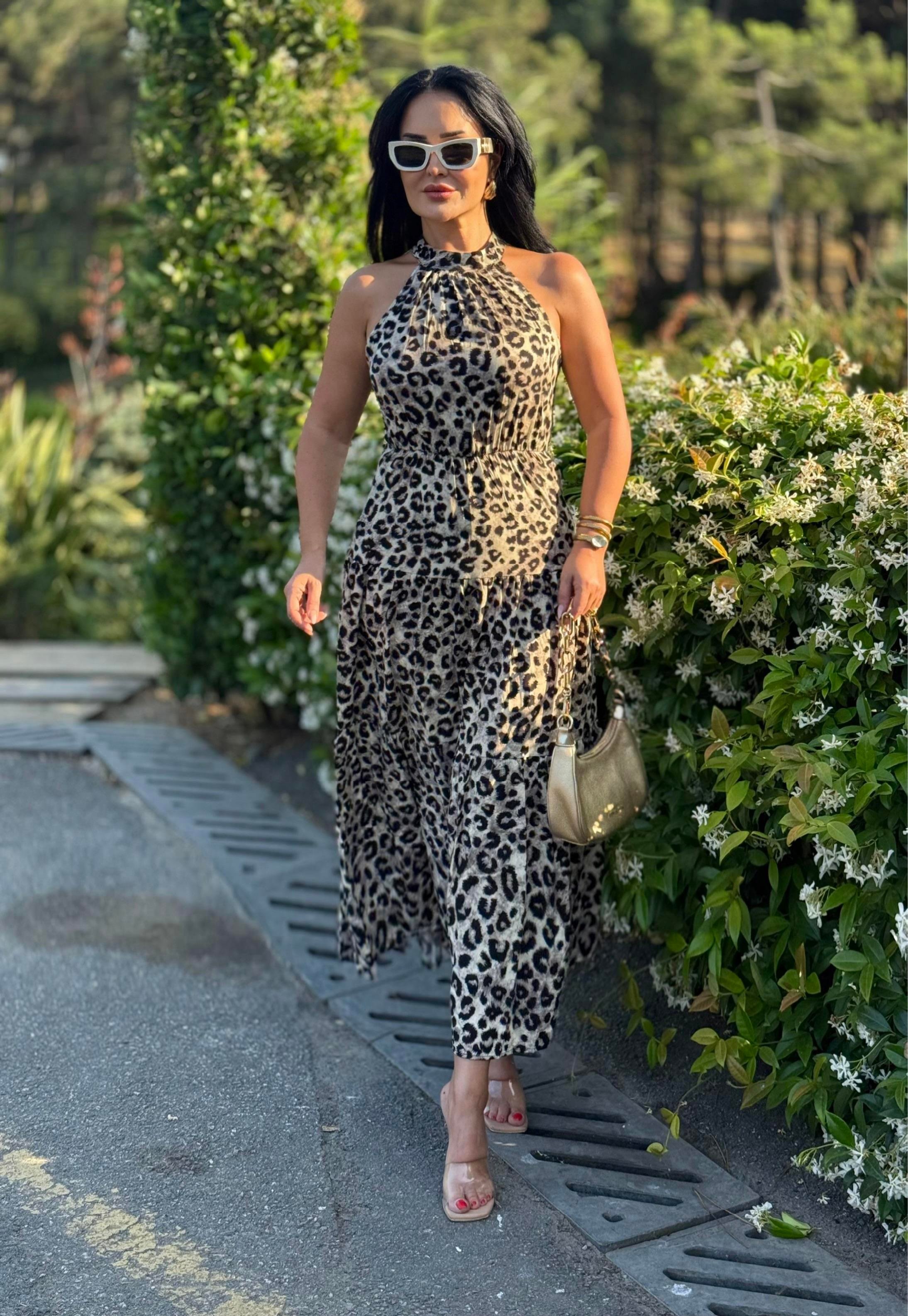 4808 Esperanza gri  leopar halter yaka elbise4808