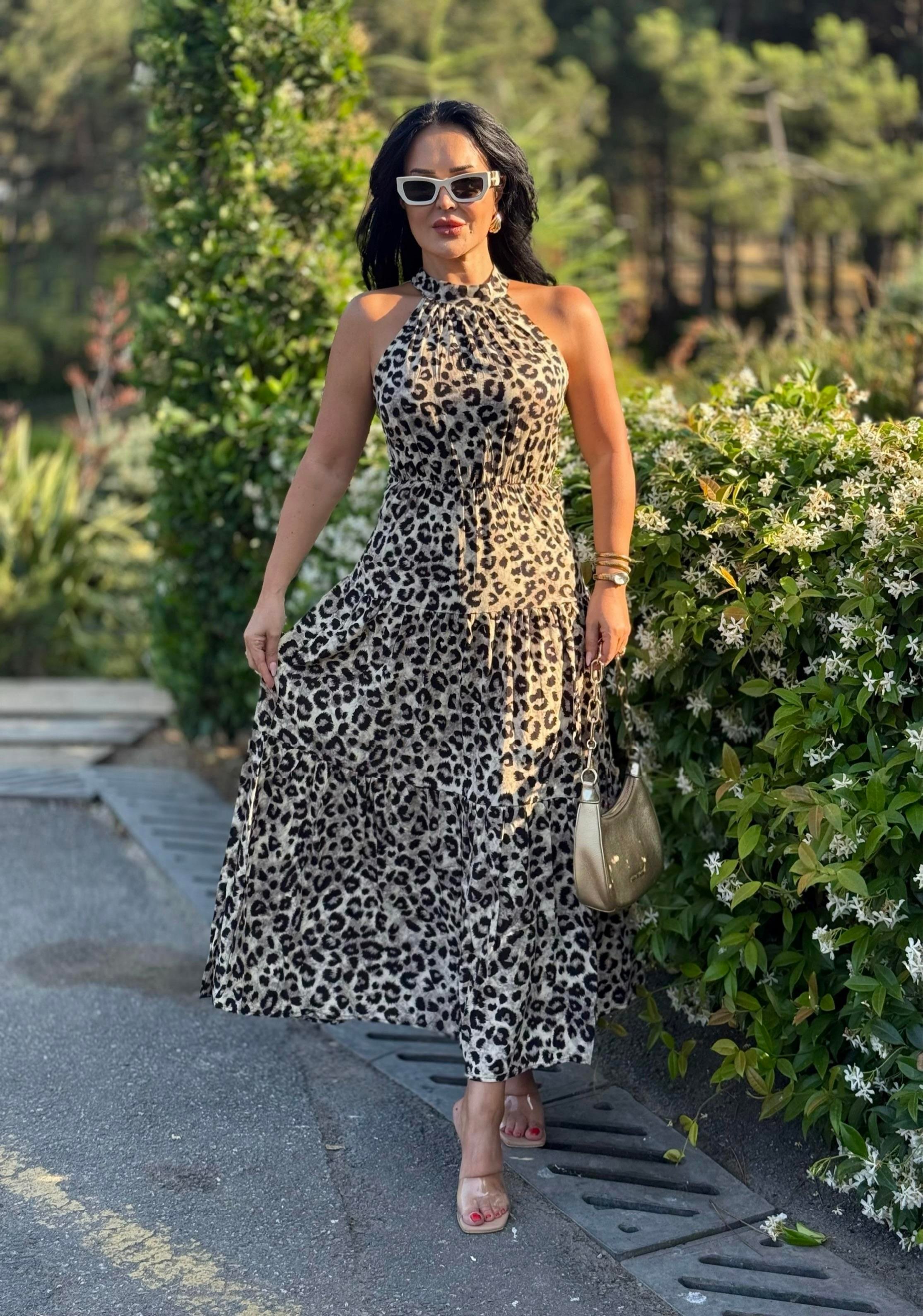 4808 Esperanza gri  leopar halter yaka elbise4808