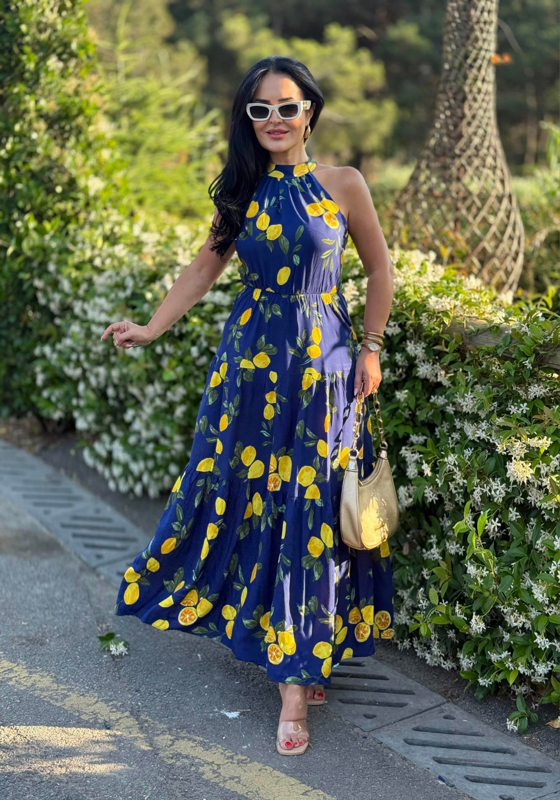 4808 Esperanza limon desenli halter yaka elbise4808