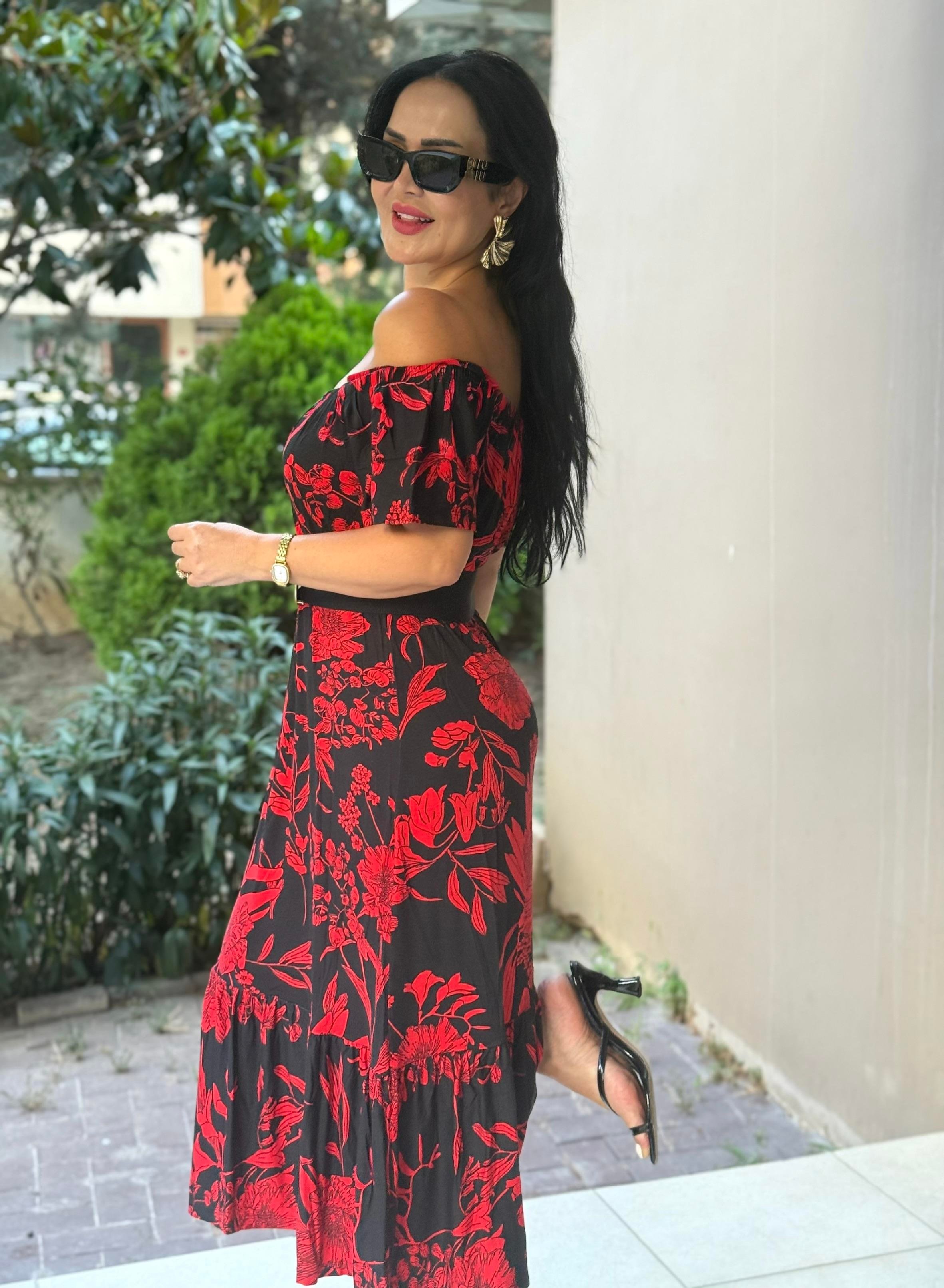 4814 Segrata omuz dekolteli kırmzı desenli elbise4814