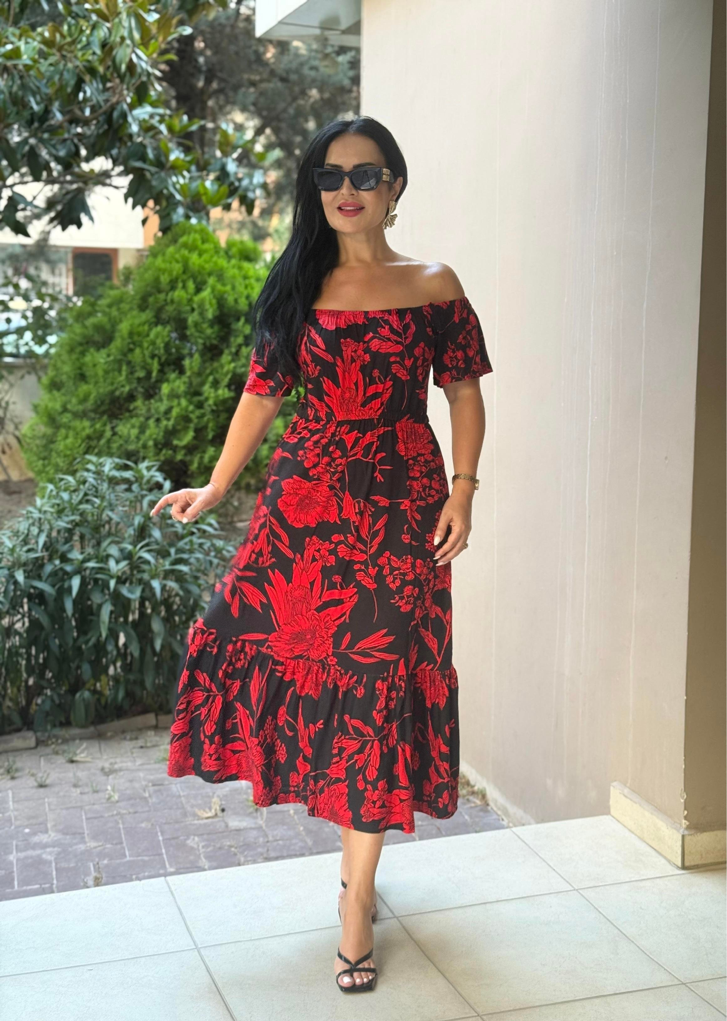 4814 Segrata omuz dekolteli kırmzı desenli elbise4814