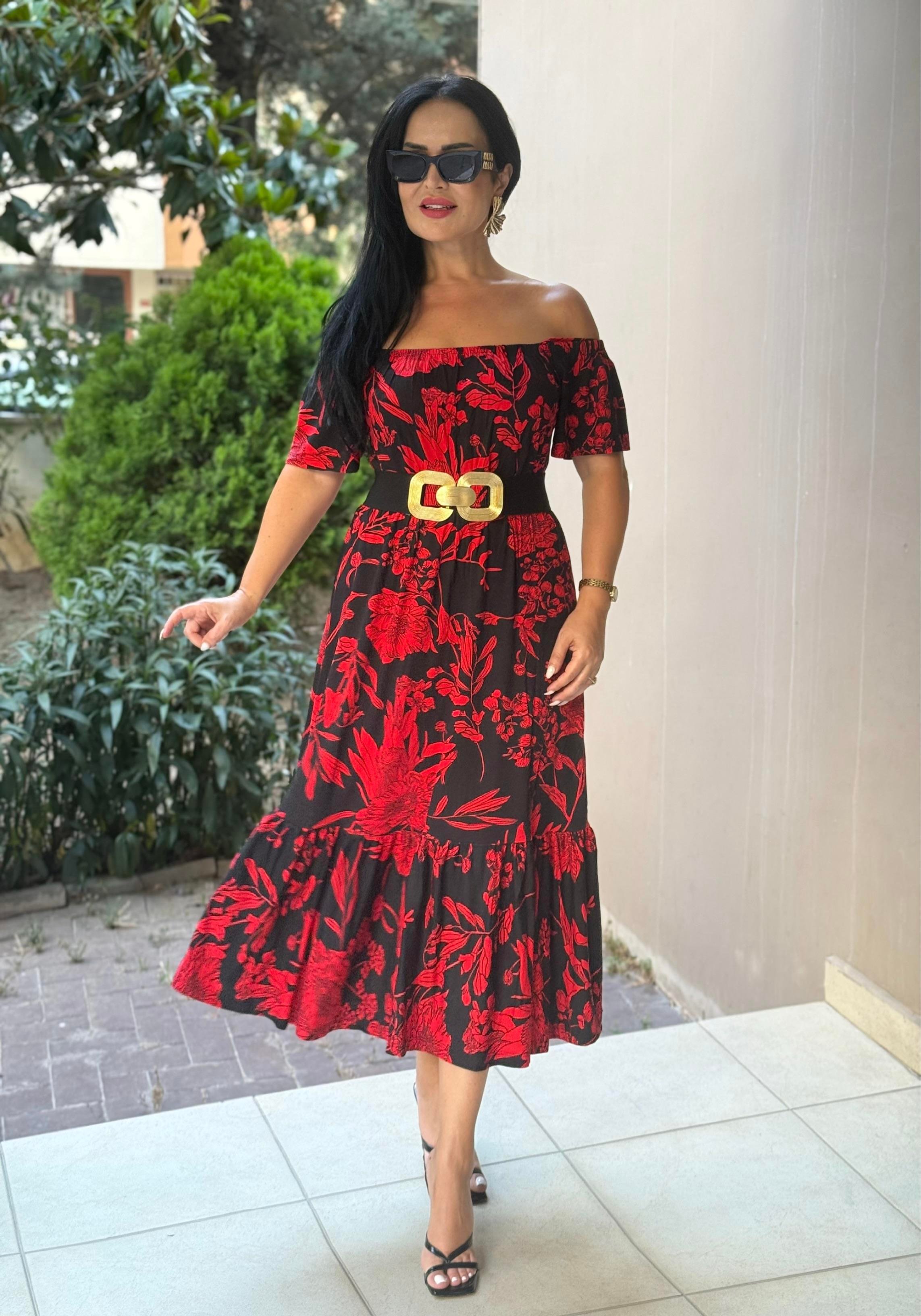 4814 Segrata omuz dekolteli kırmzı desenli elbise4814