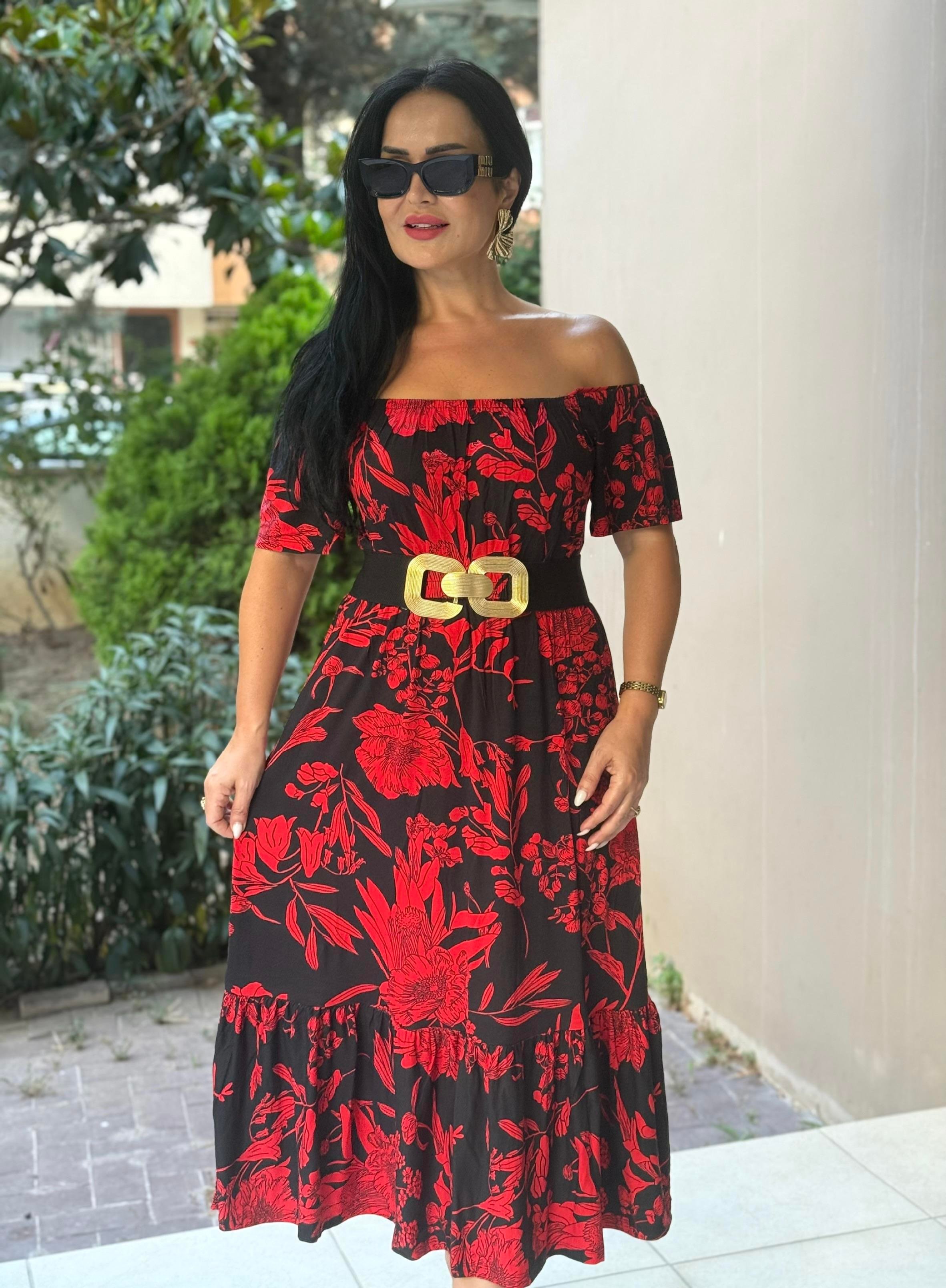 4814 Segrata omuz dekolteli kırmzı desenli elbise4814