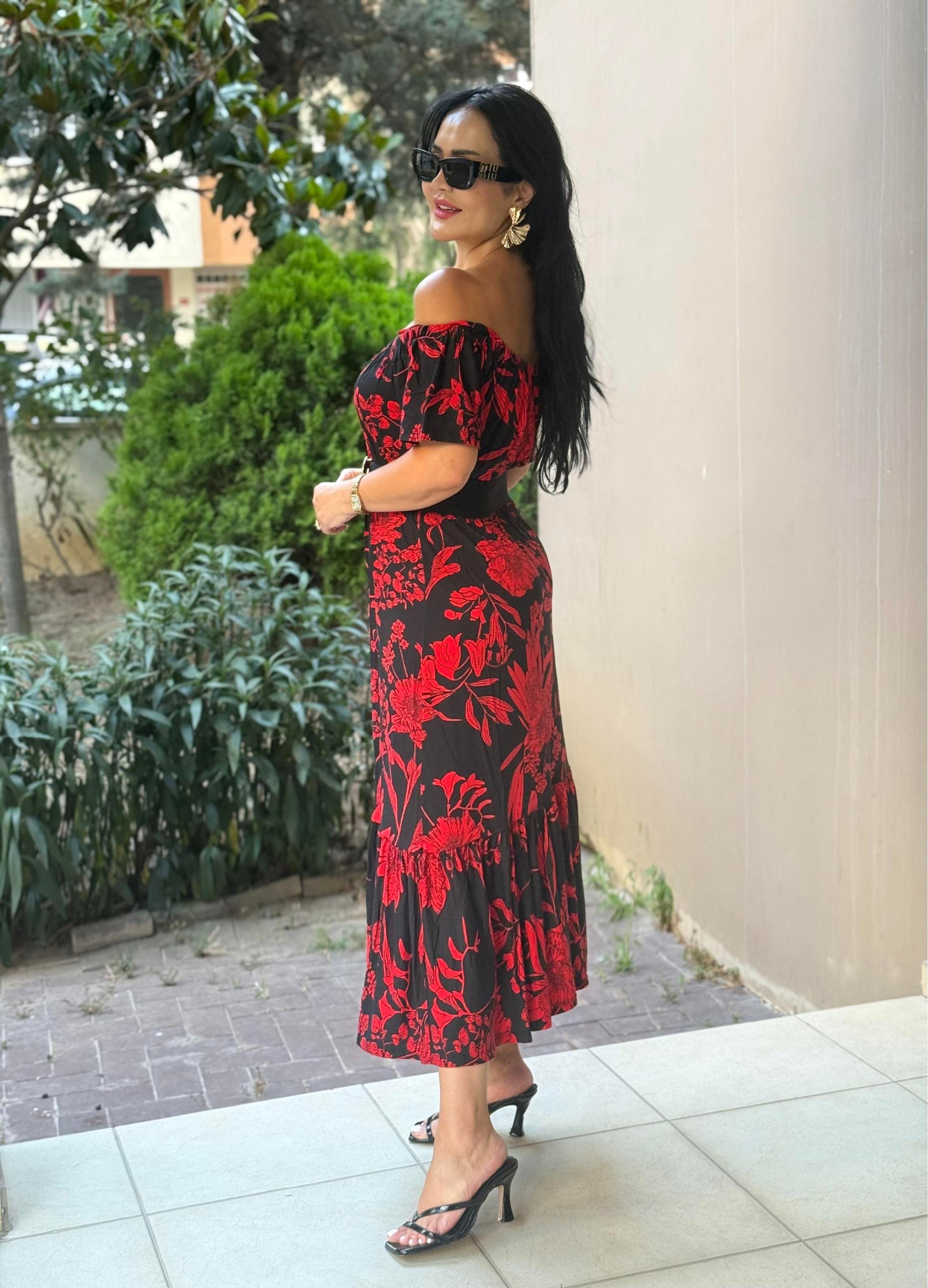 4814 Segrata omuz dekolteli kırmzı desenli elbise4814