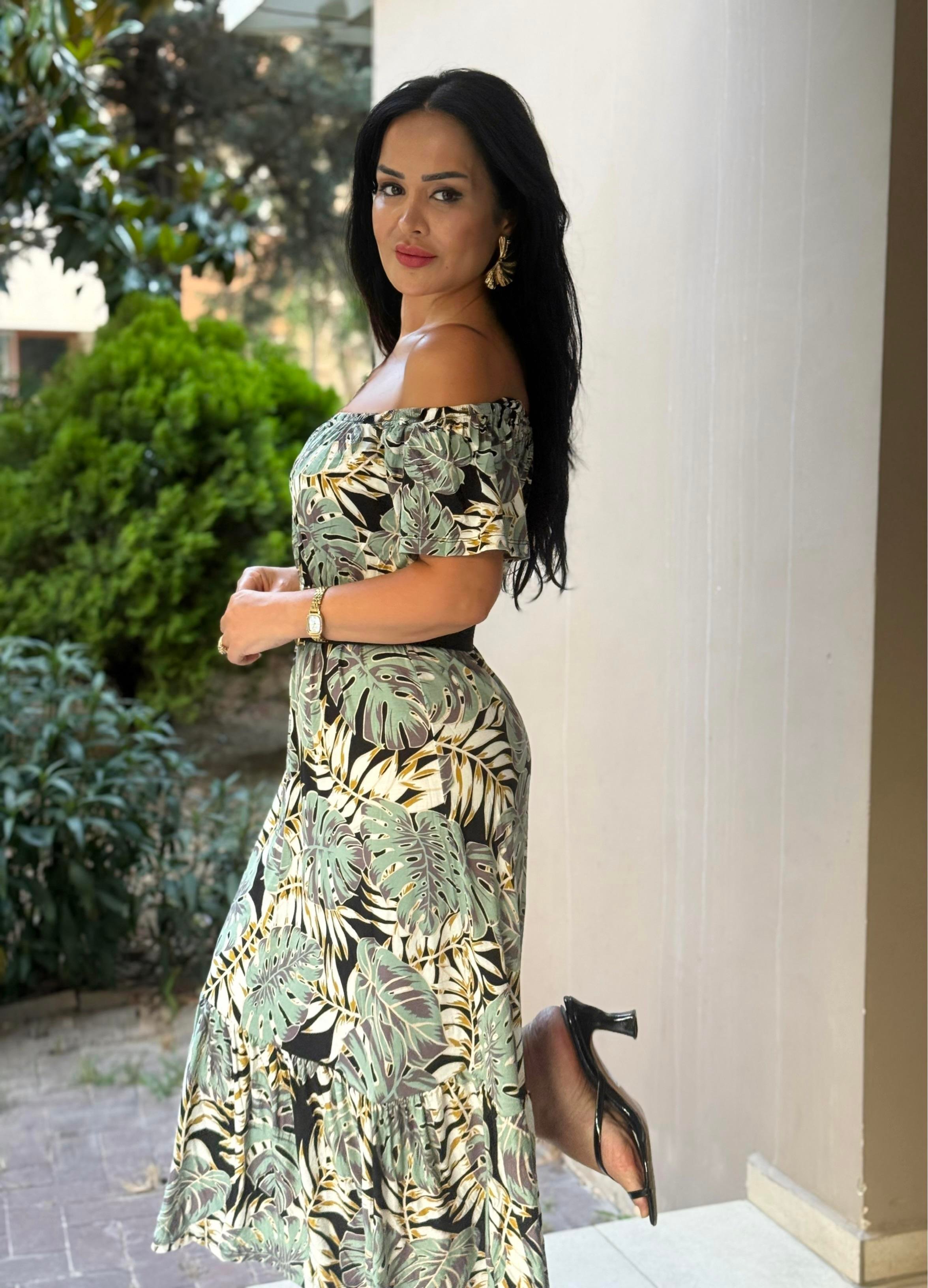 4814 Segrata  omuz dekolteli leopar desenli elbise4814