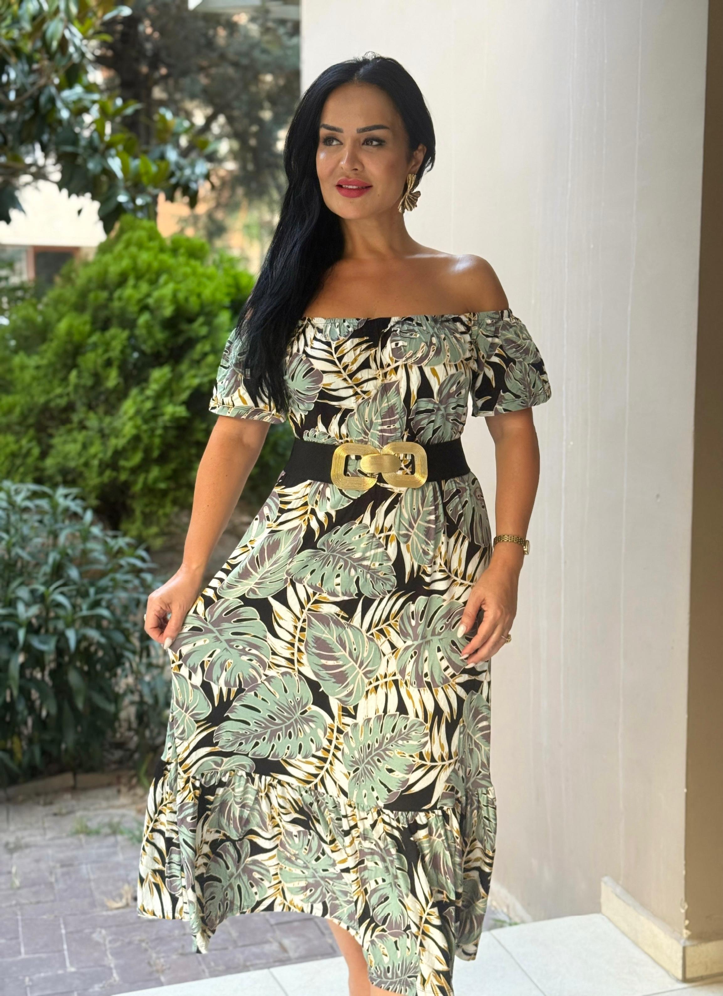 4814 Segrata  omuz dekolteli leopar desenli elbise4814