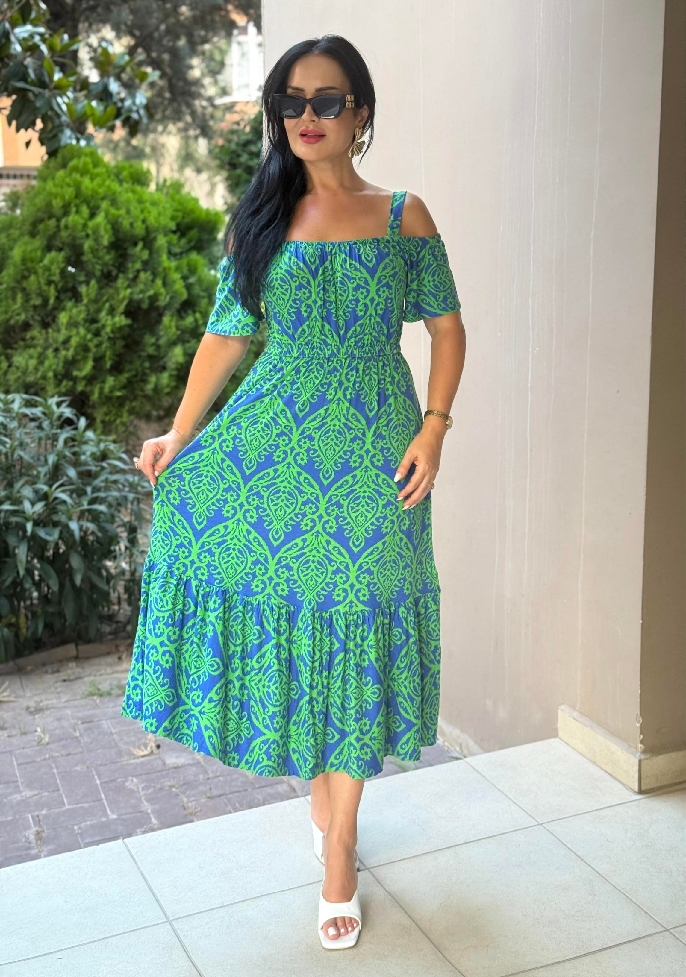 4814 Segrata omuz dekolteli yeşil desenli elbise4814