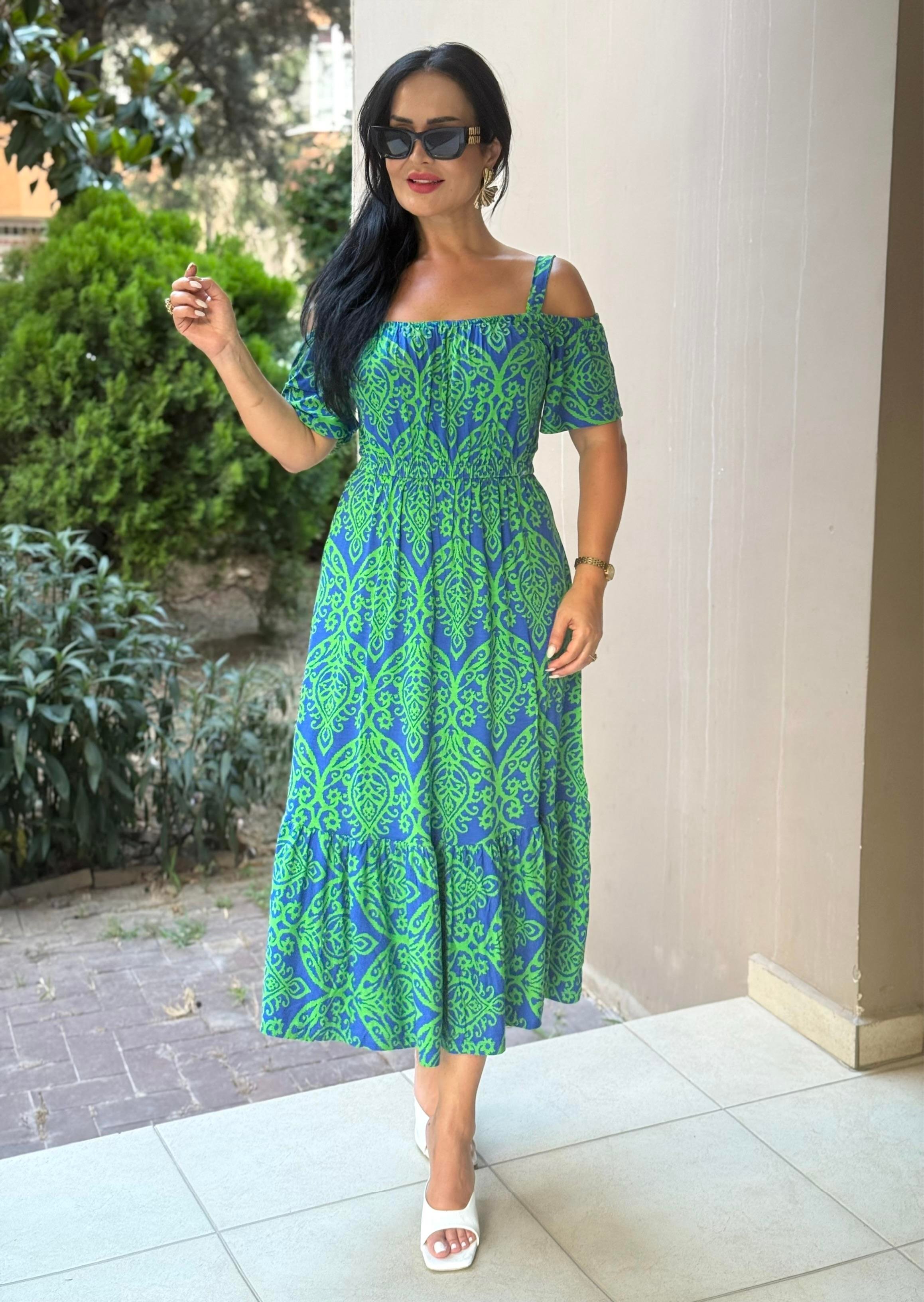 4814 Segrata omuz dekolteli yeşil desenli elbise4814