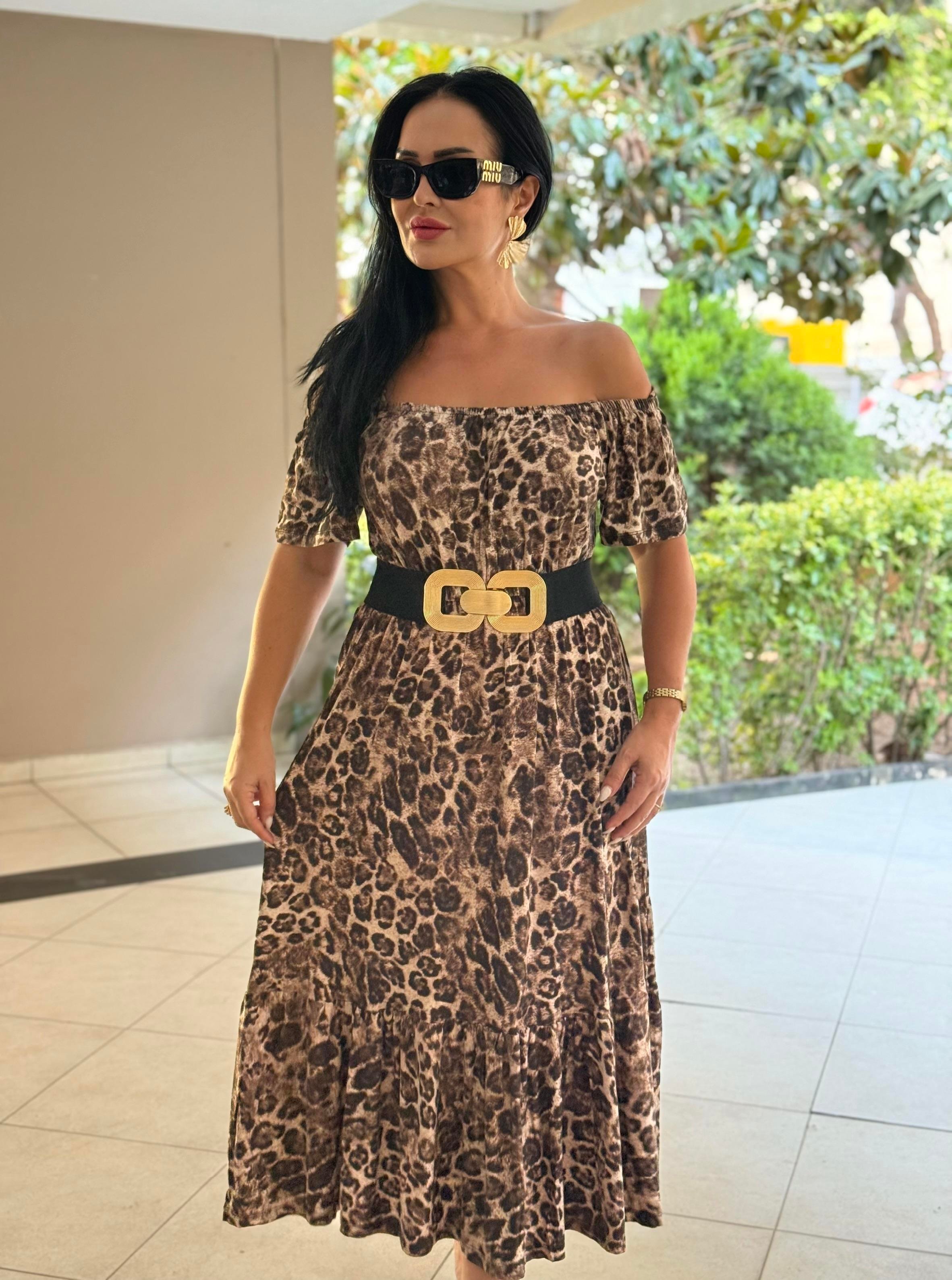 4814 Segrata  omuz dekolteli yeşil yaprak desenli elbise4814