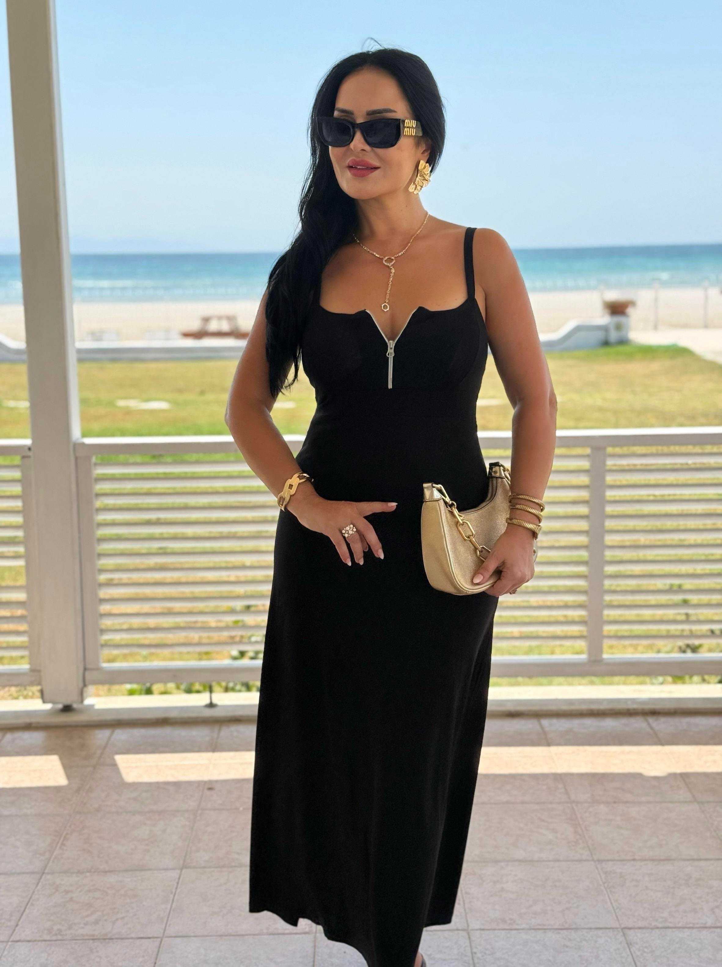 4815 Melody  Siyah Fermuarlı Elbise4815