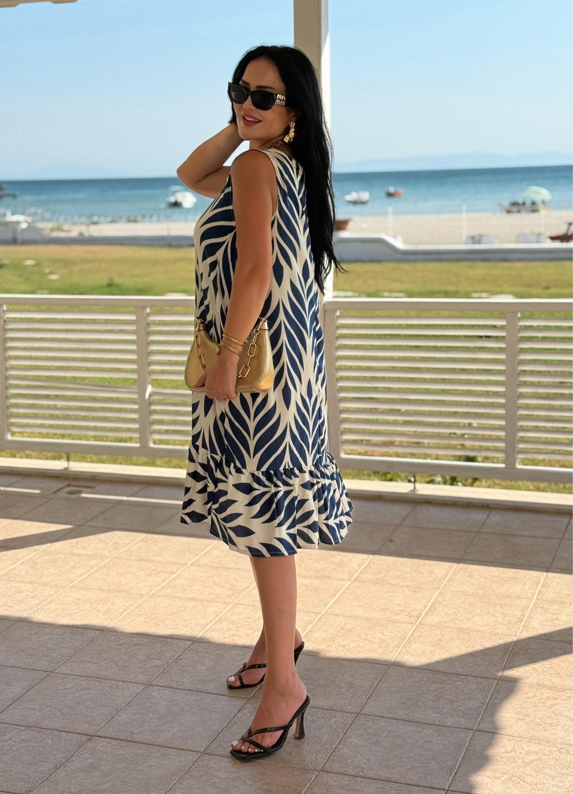 4822 Helia v yaka cep detaylı mavi elbise4822