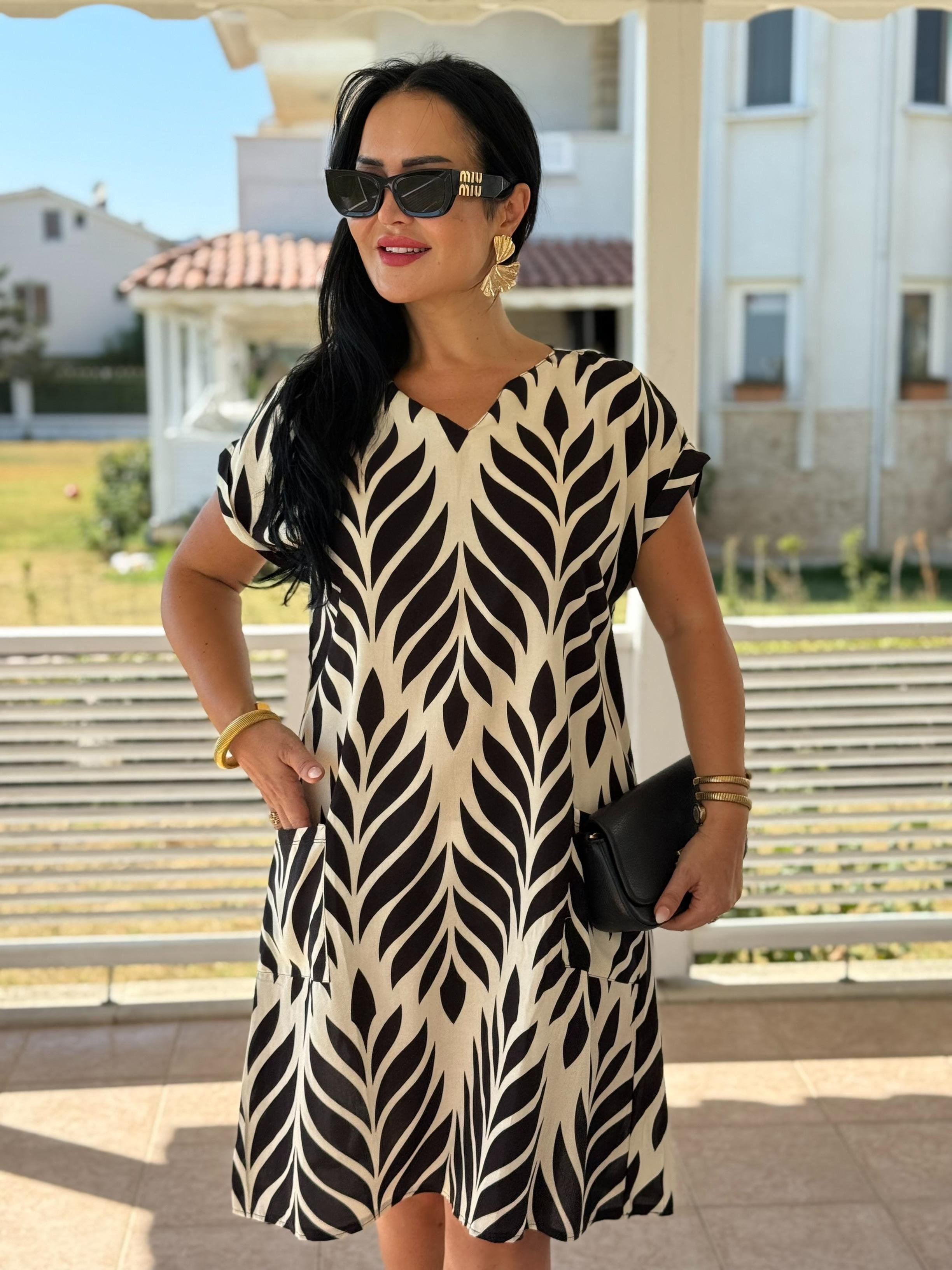 4825  Pera cep detaylı siyah desenli elbise4825