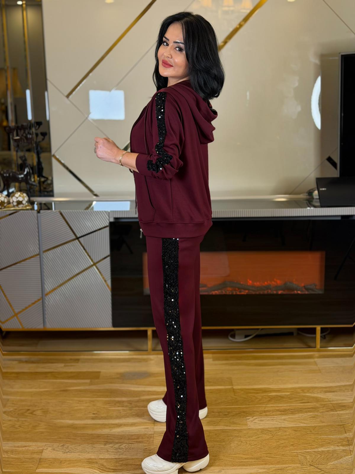4856 Lara payetli palazzo paça bordo eşofman takım4856