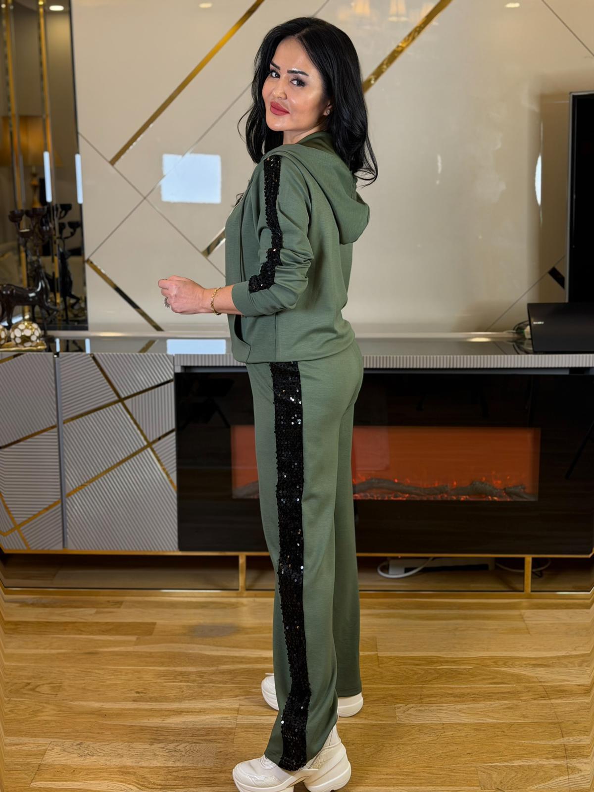 4856 Lara payetli palazzo paça haki eşofman takım4856