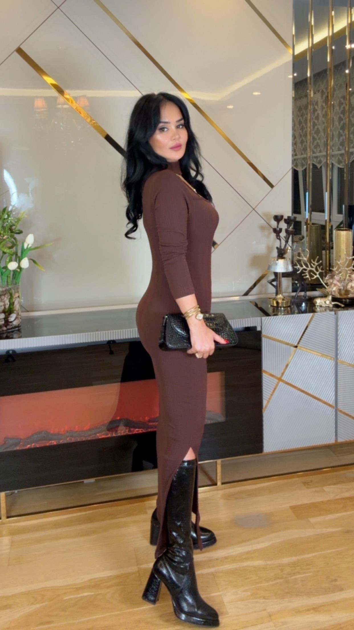 4861 Roza kahverengi elbise4861