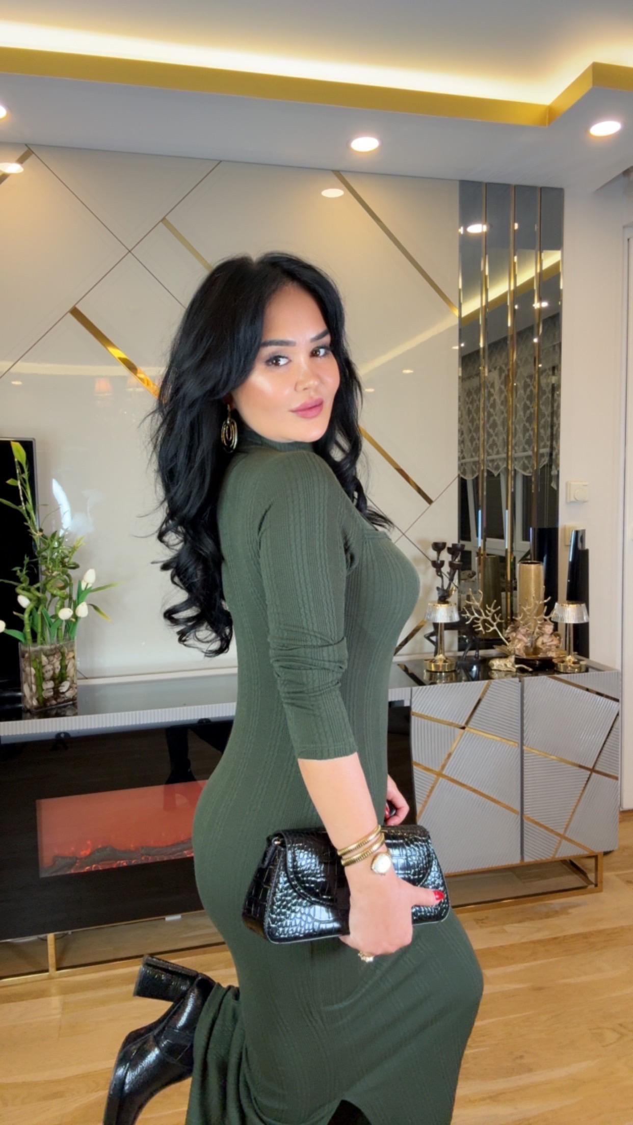 4861 Roza koyu yeşil elbise4861