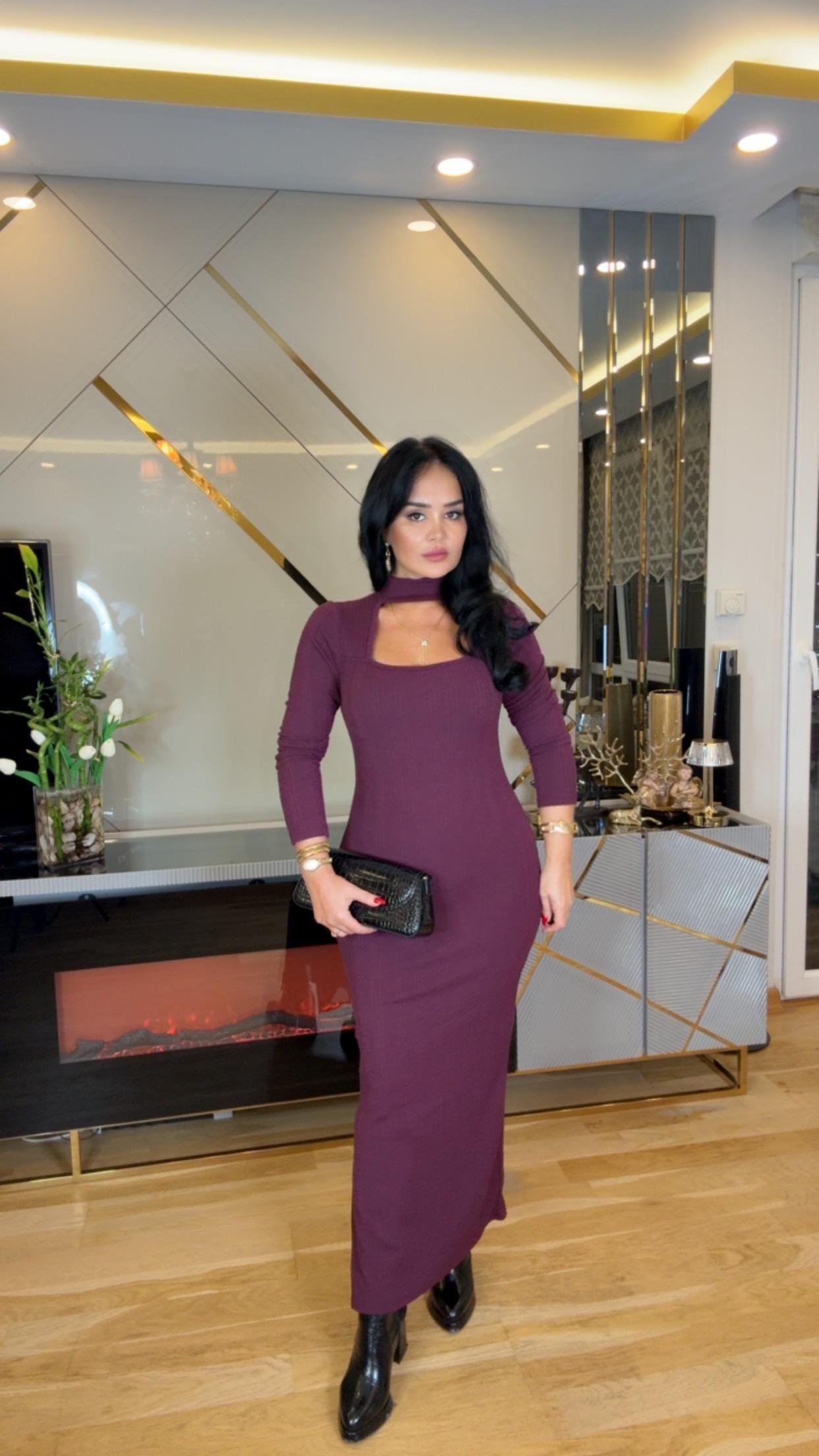 4861 Roza mürdüm elbise4861