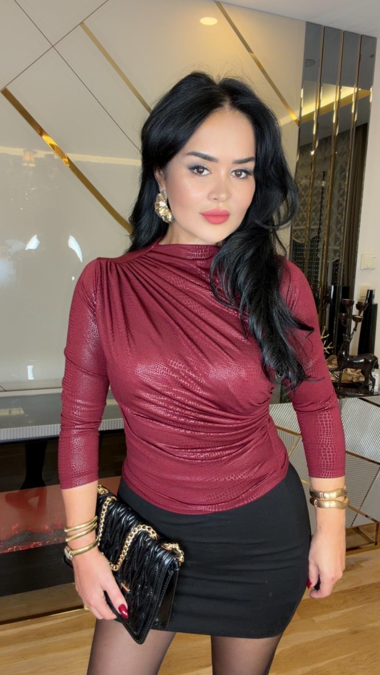 4873 Nuve  bordo parlak bluz 4873