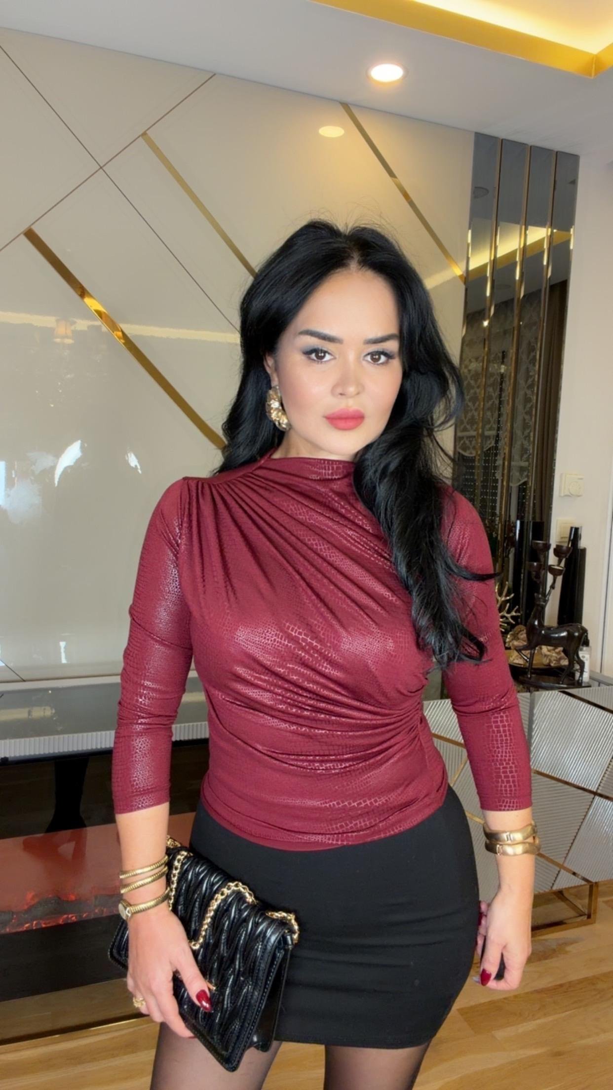 4873 Nuve  bordo parlak bluz 4873