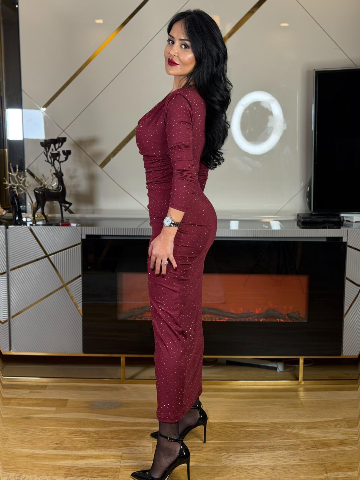 4891 Giza Taşlı Bordo Elbise4891