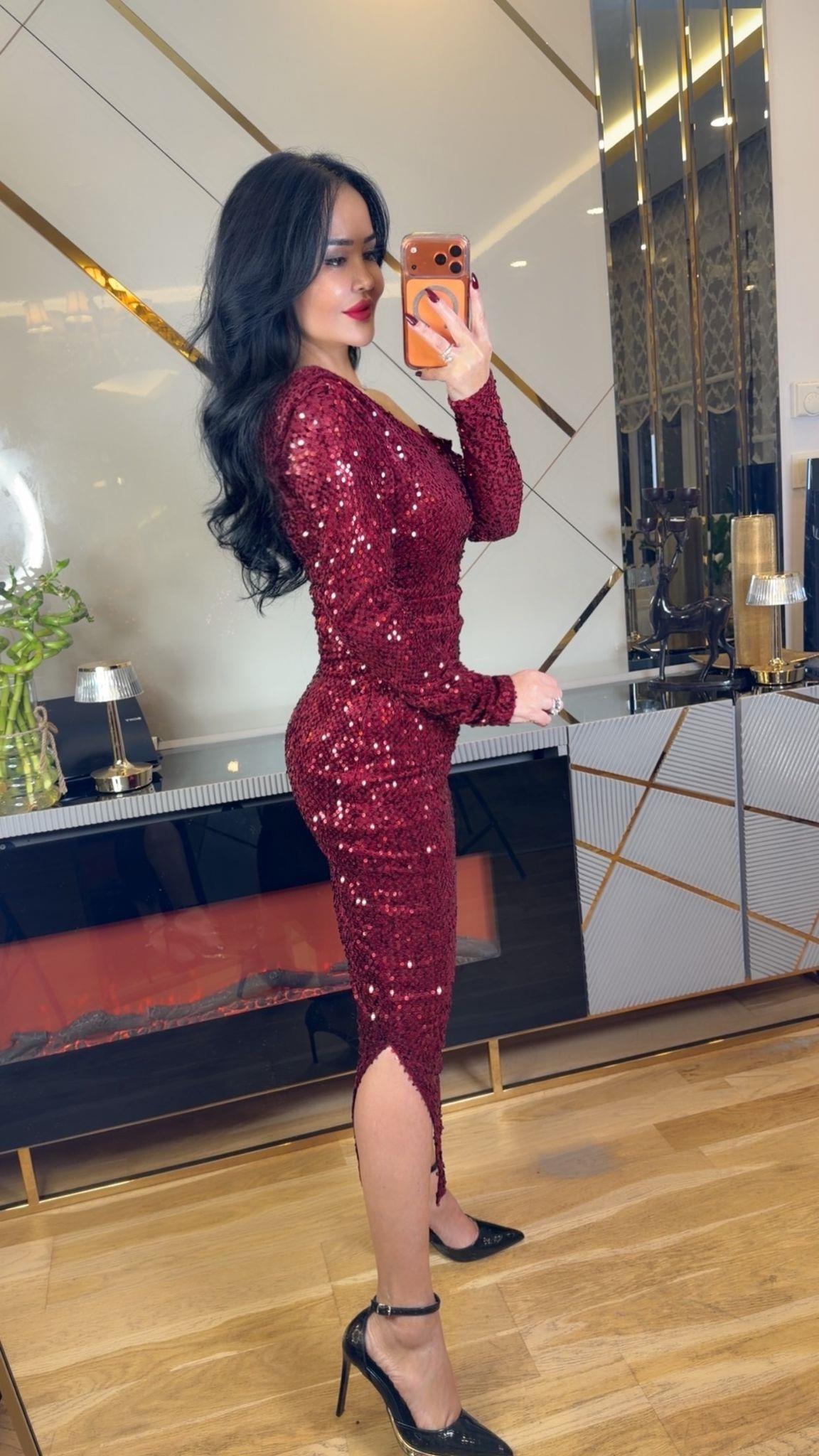 4900 Glista payetli kırmızı elbise4900