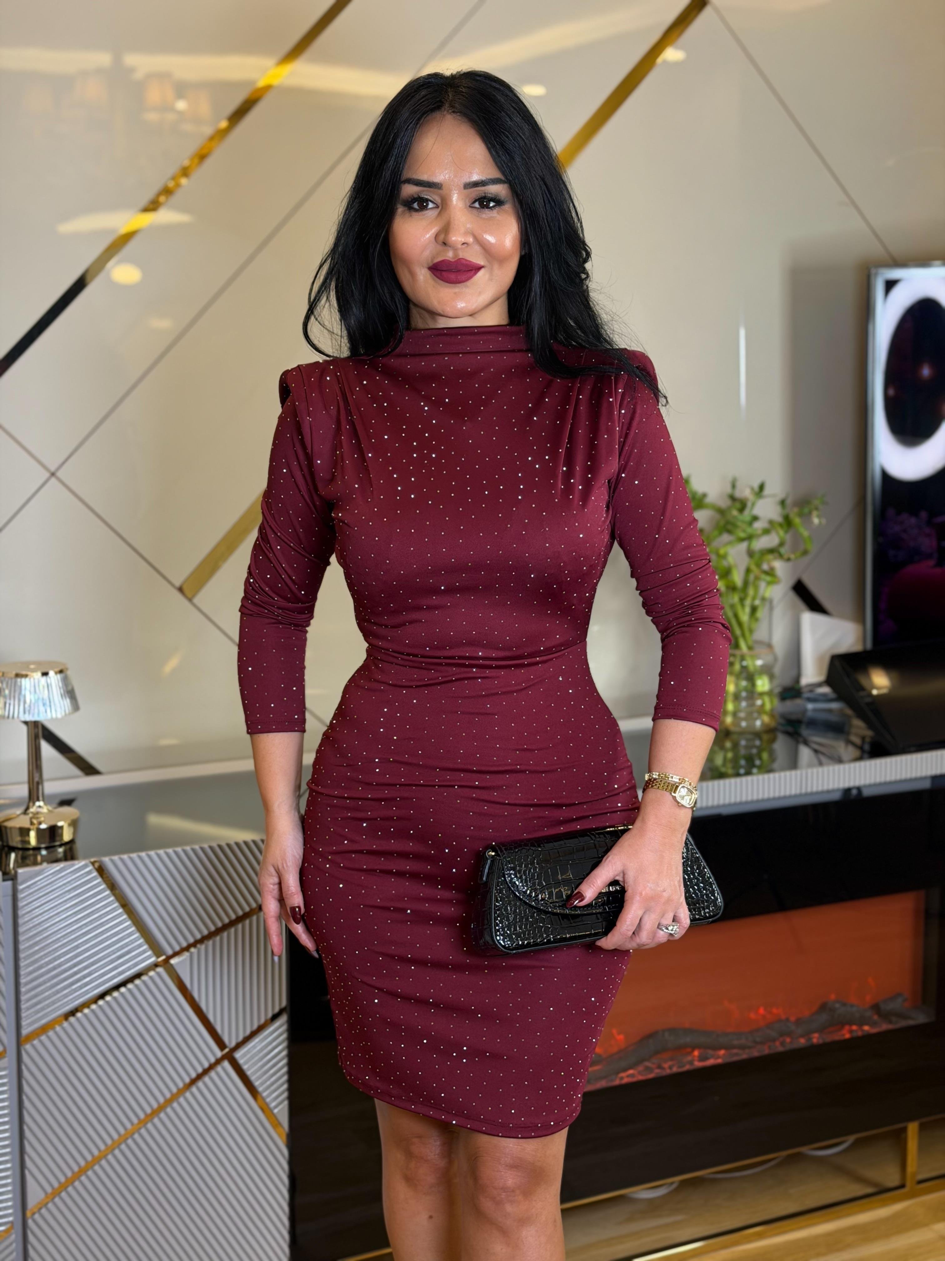 4904 Glow Taşlı Bordo  Elbise4904