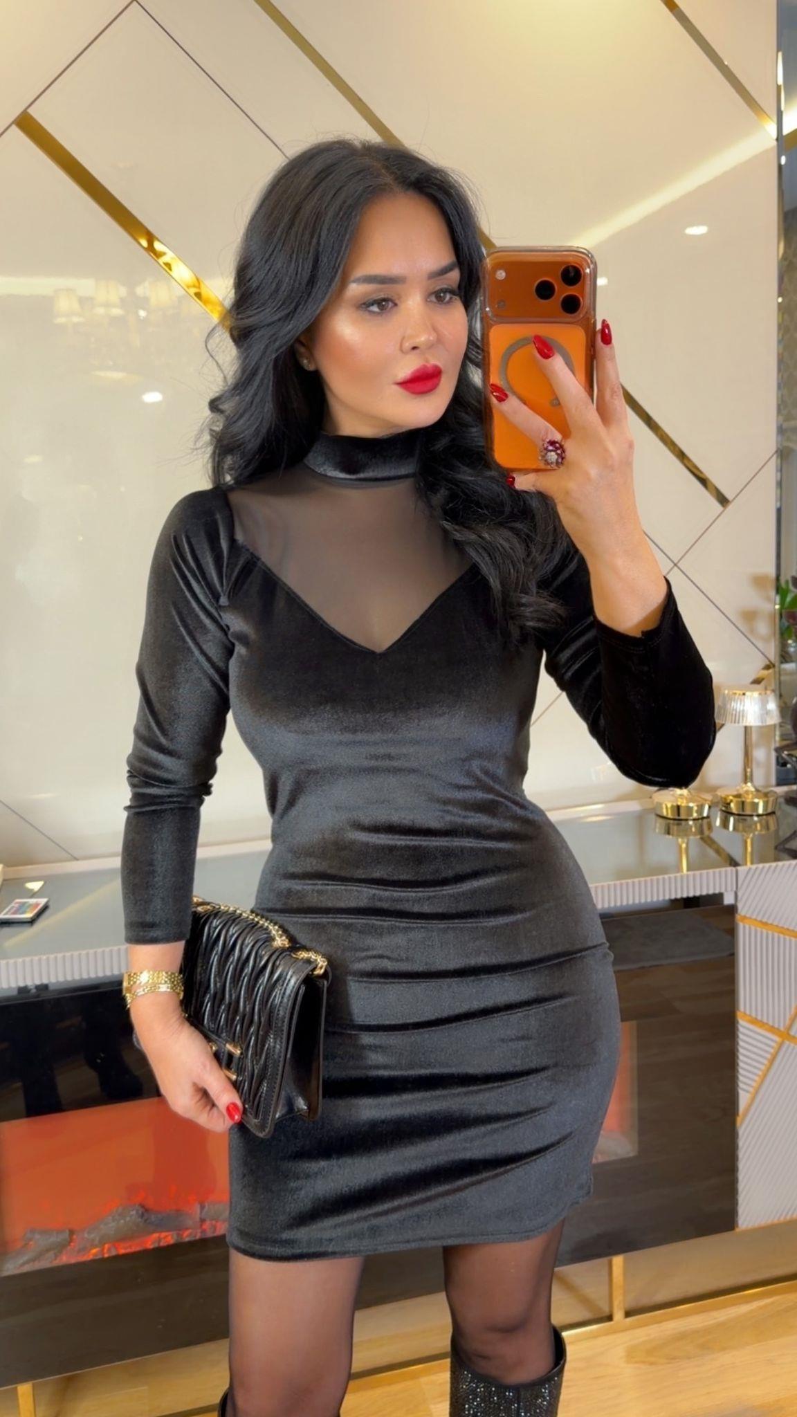 4911 Midnight Touch kadife siyah elbise4911