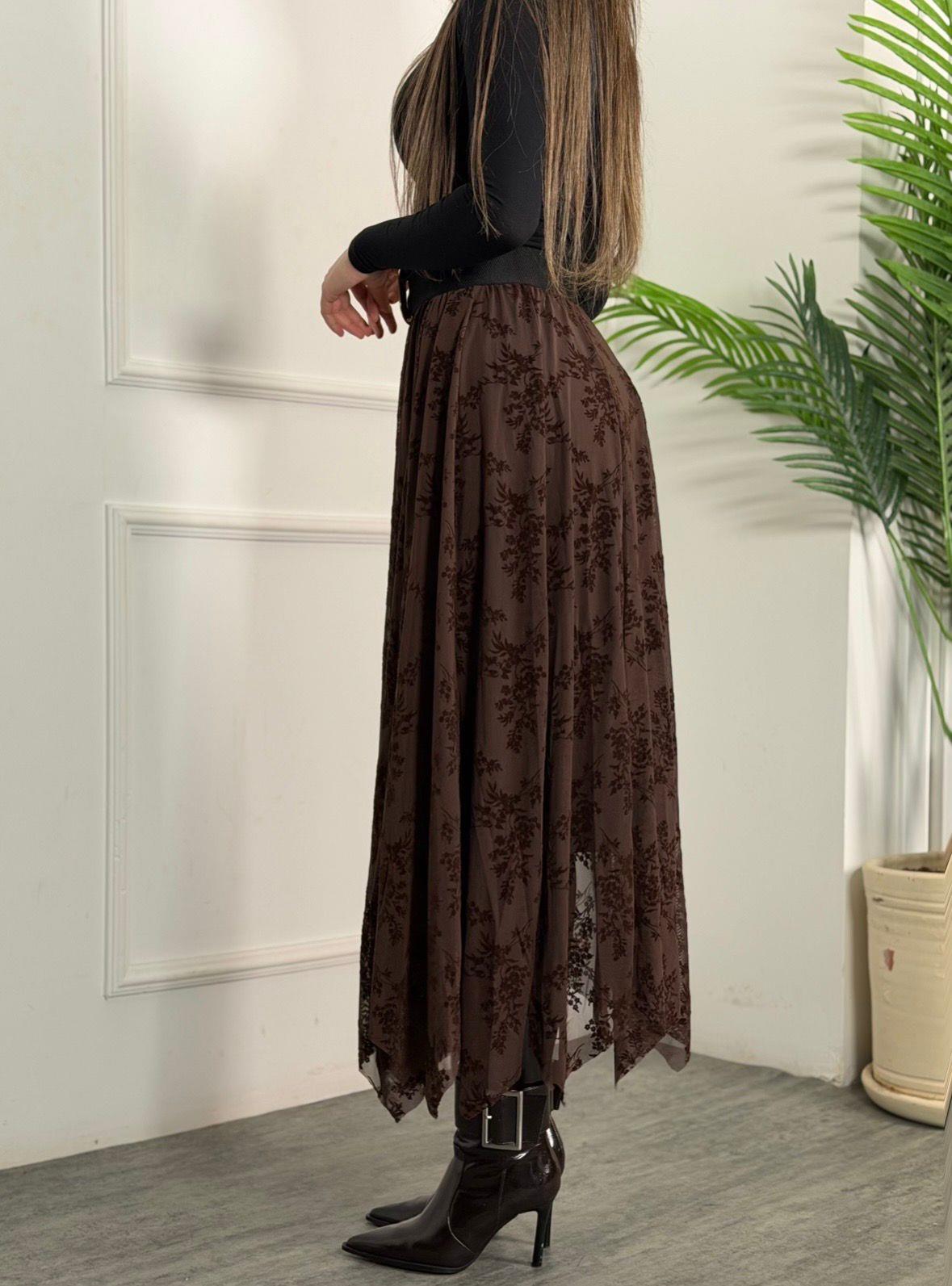 4922 Royal kahverengi flok tüllü etek4922