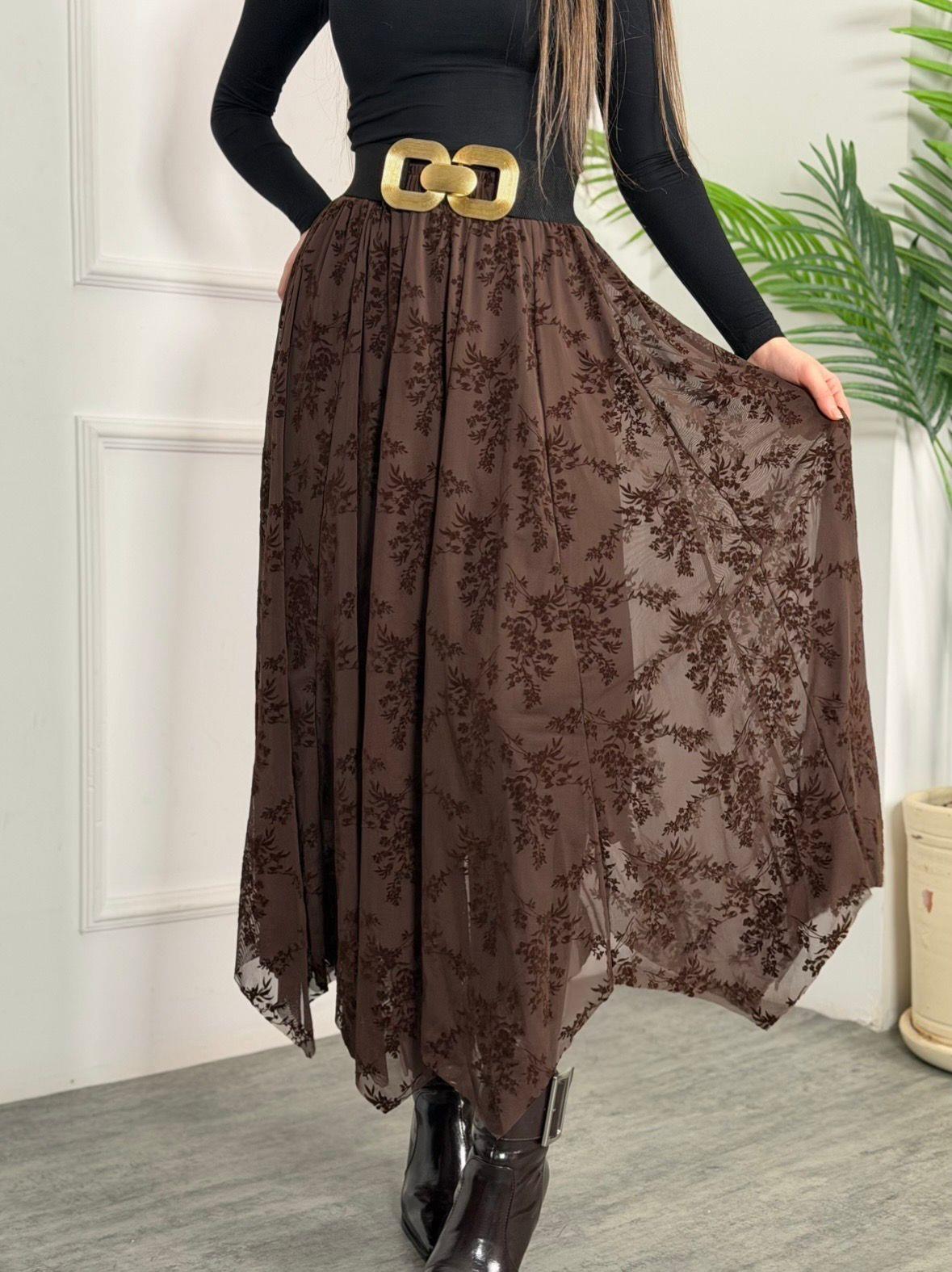 4922 Royal kahverengi flok tüllü etek4922