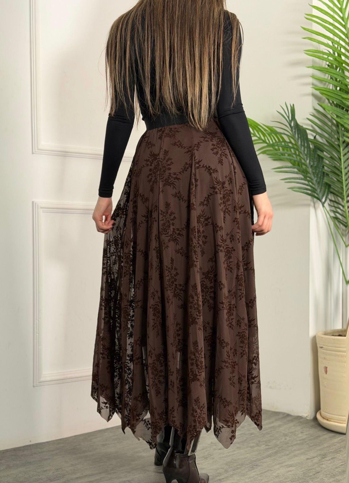 4922 Royal kahverengi flok tüllü etek4922