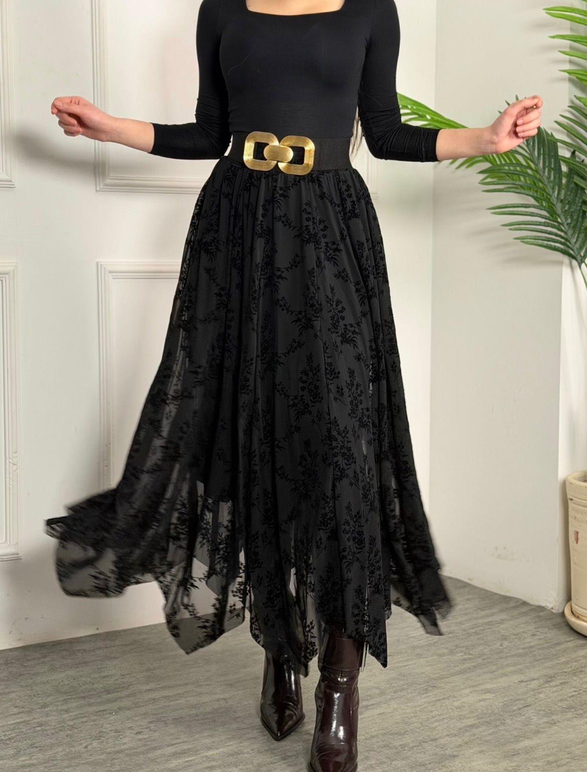 4922 Royal siyah flok tüllü etek4922