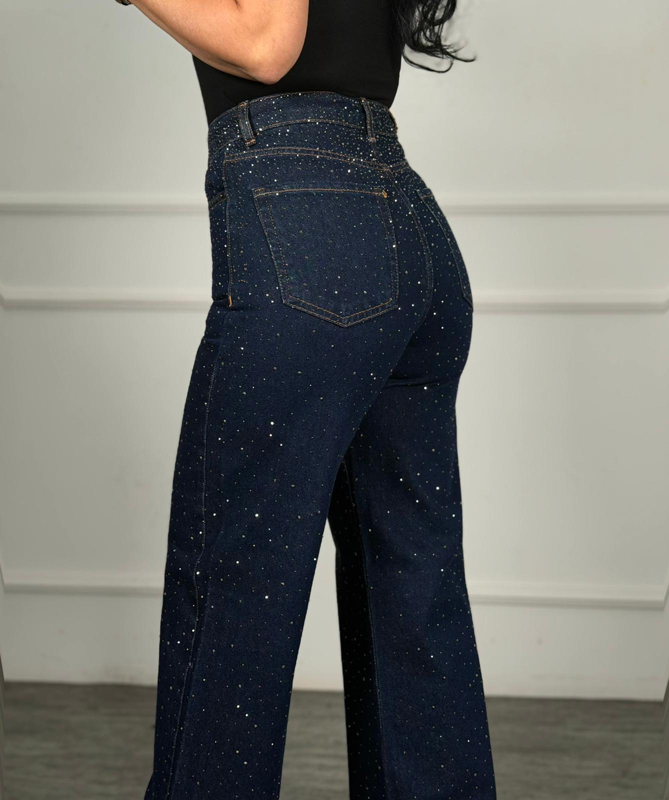 4952 Glamora taşlı lacivert pantolon4952