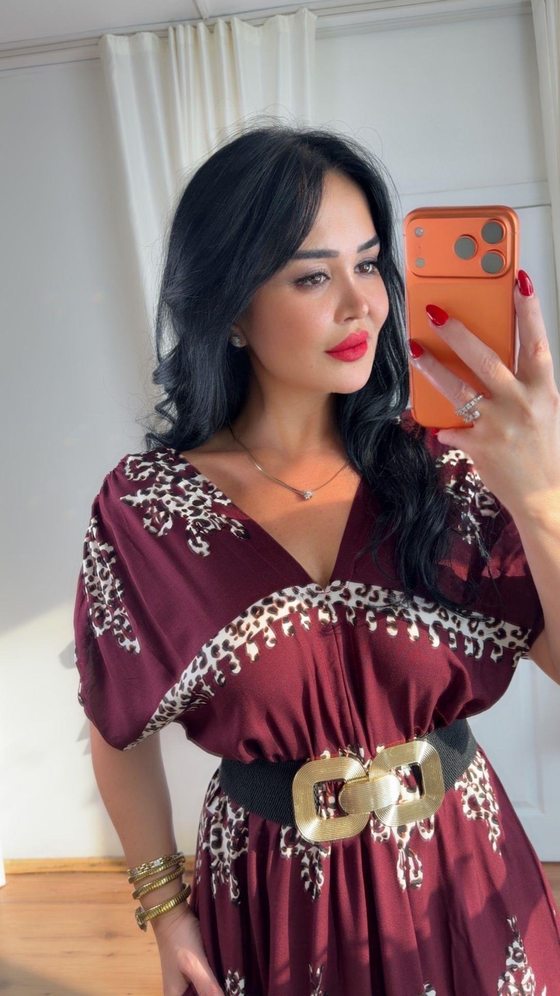 5012 Bloom leopar bordo desenli elbise5012
