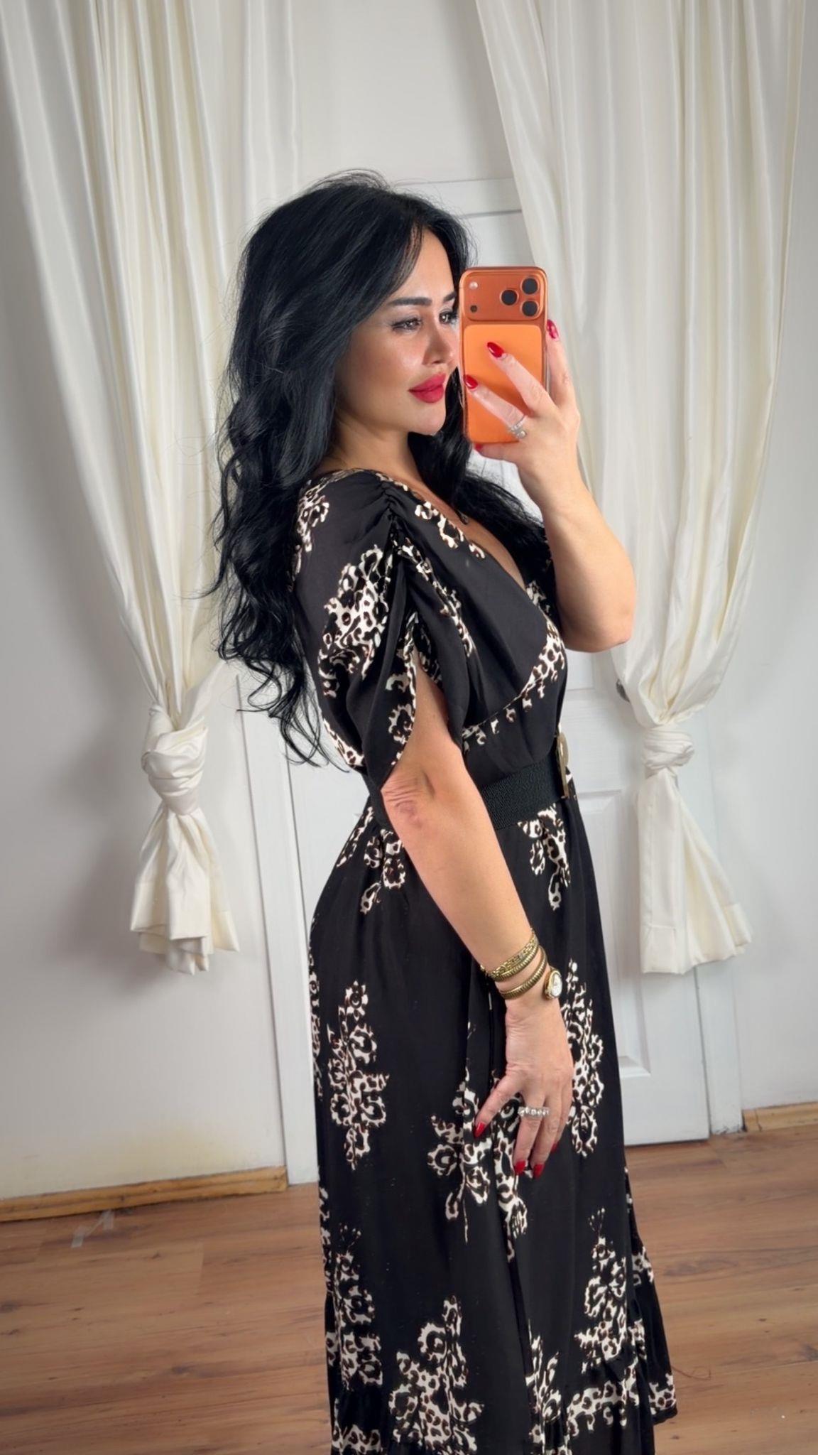 5012 Bloom leopar siyah desenli elbise5012