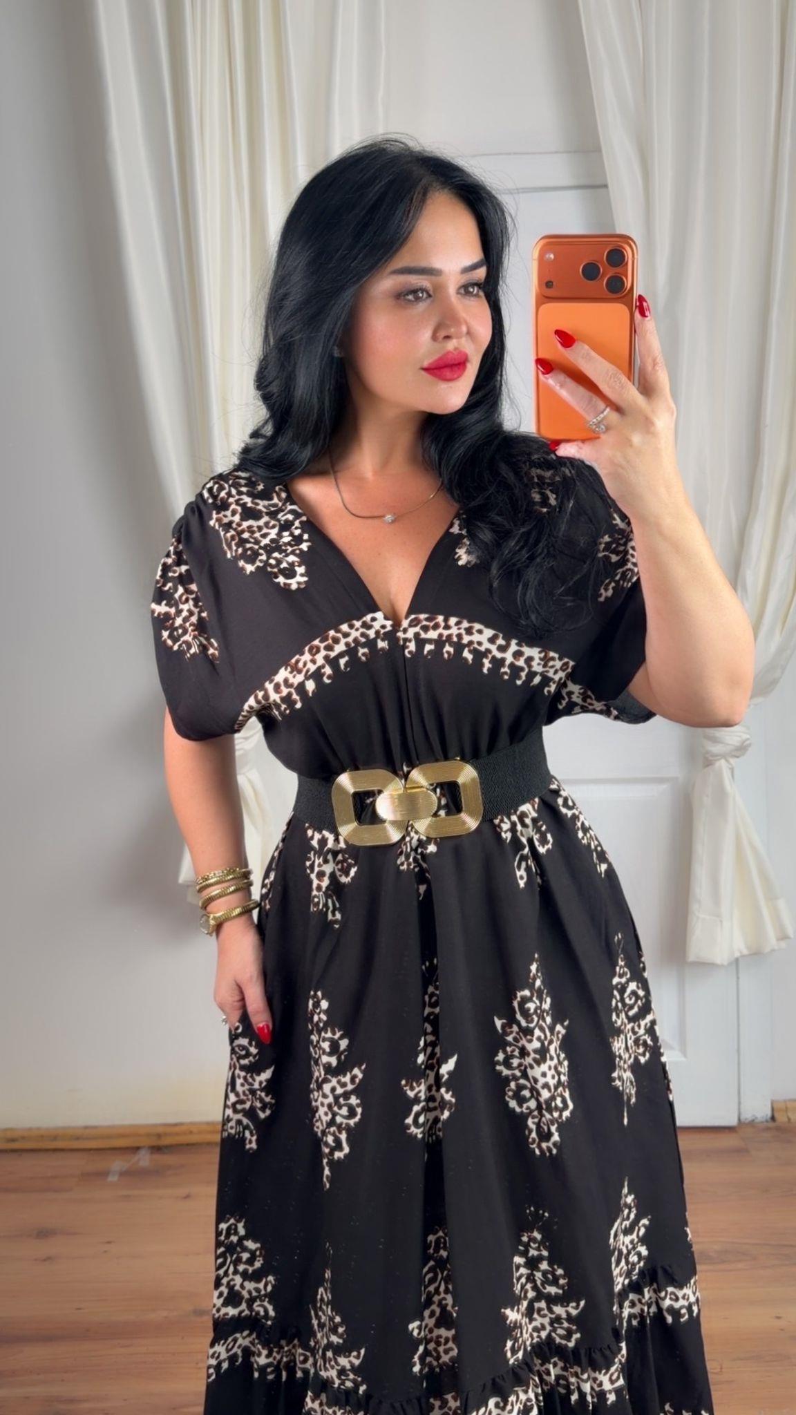 5012 Bloom leopar siyah desenli elbise5012