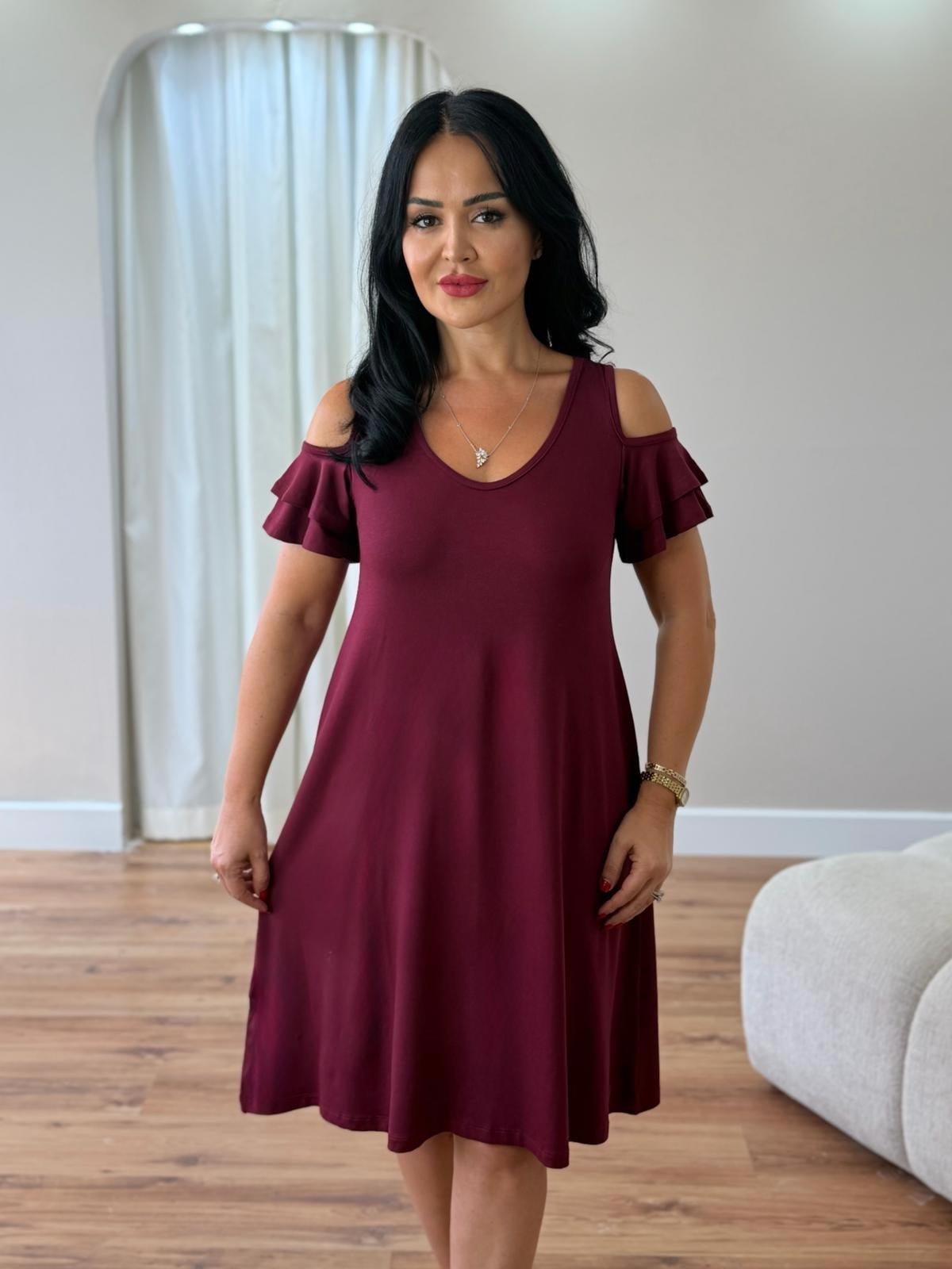 5031 Lavin Omuz Detaylı Mor Elbise5031