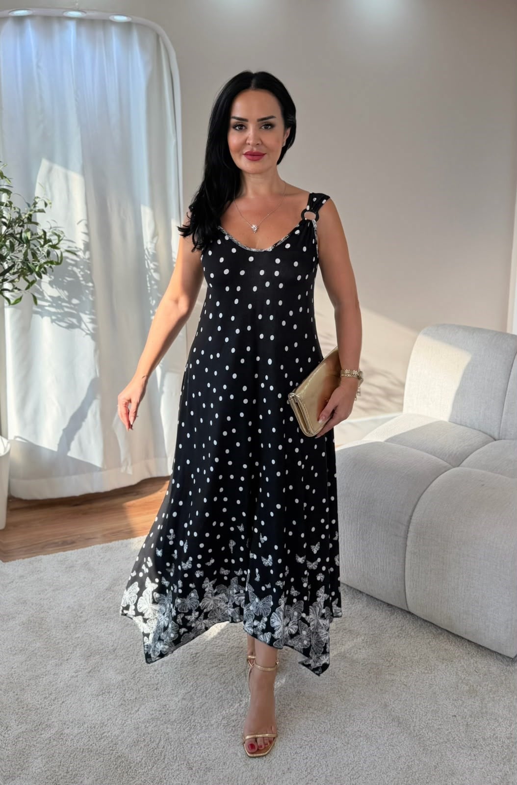 5033 Flora Benekli Kelebek Desenli Halka Detaylı Elbise5033