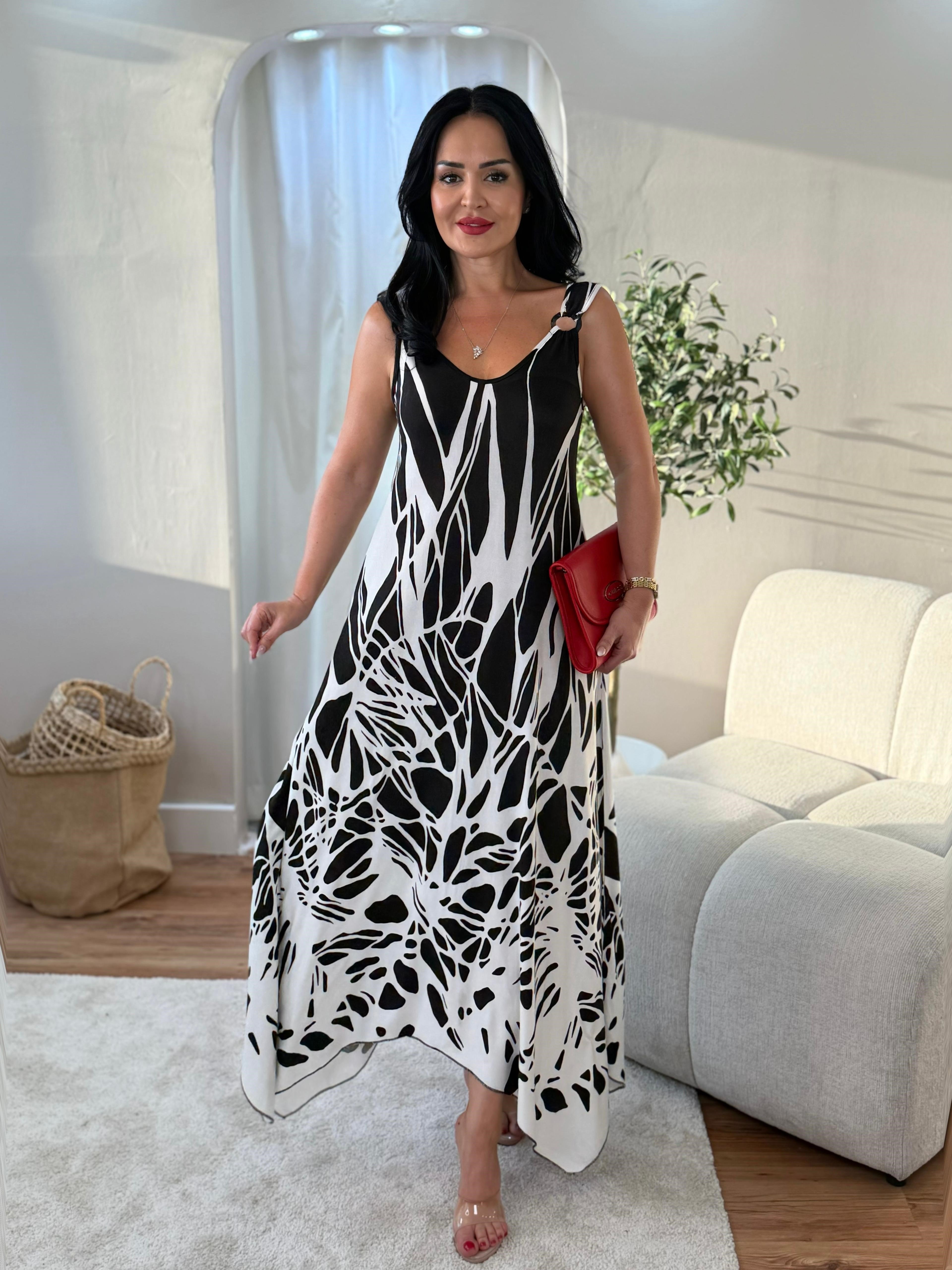 5033 Flora Çizgili Beyaz Halka Detaylı Elbise5033