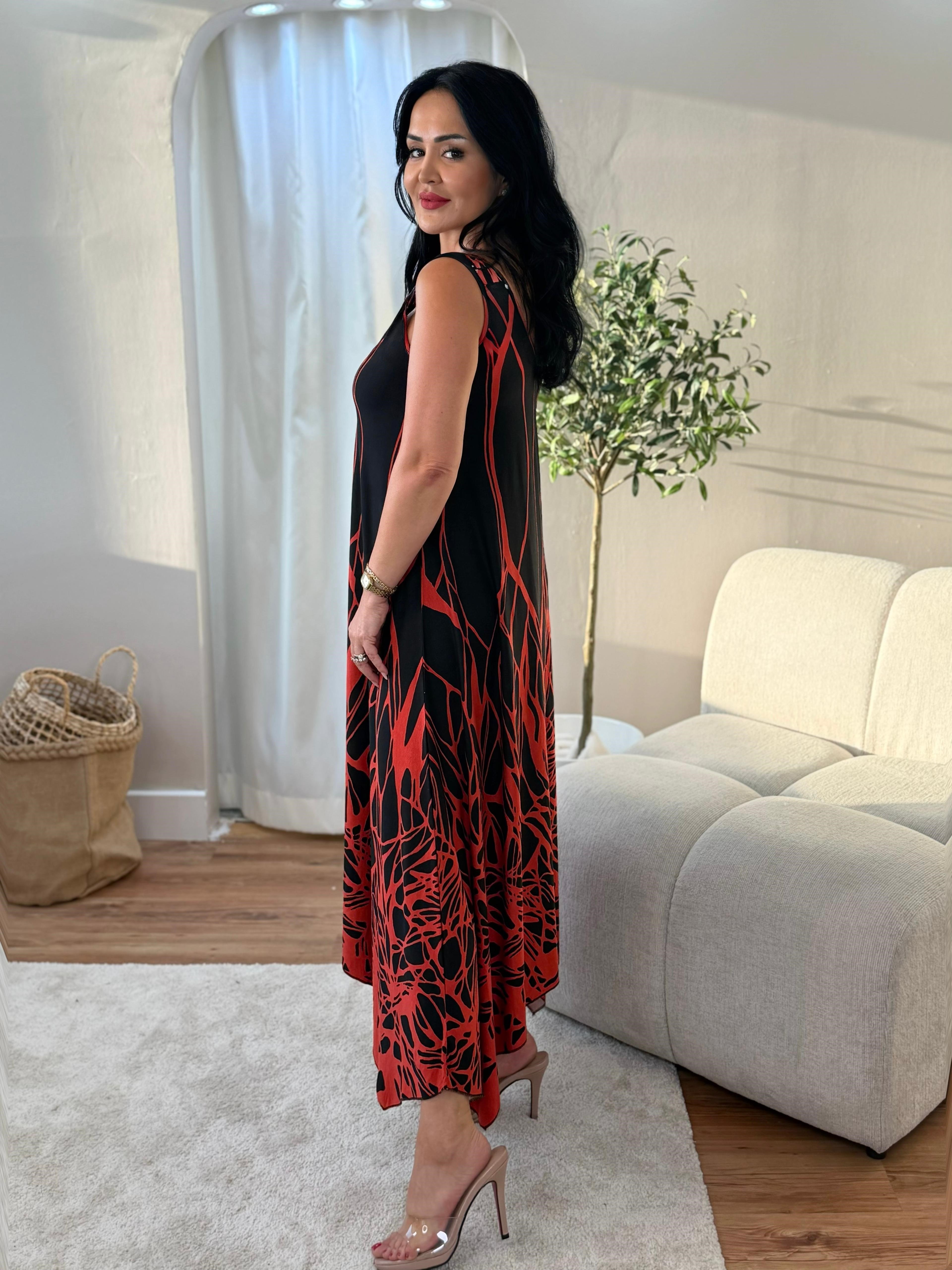 5033 Flora Çizgili Kırmızı Halka Detaylı Elbise5033