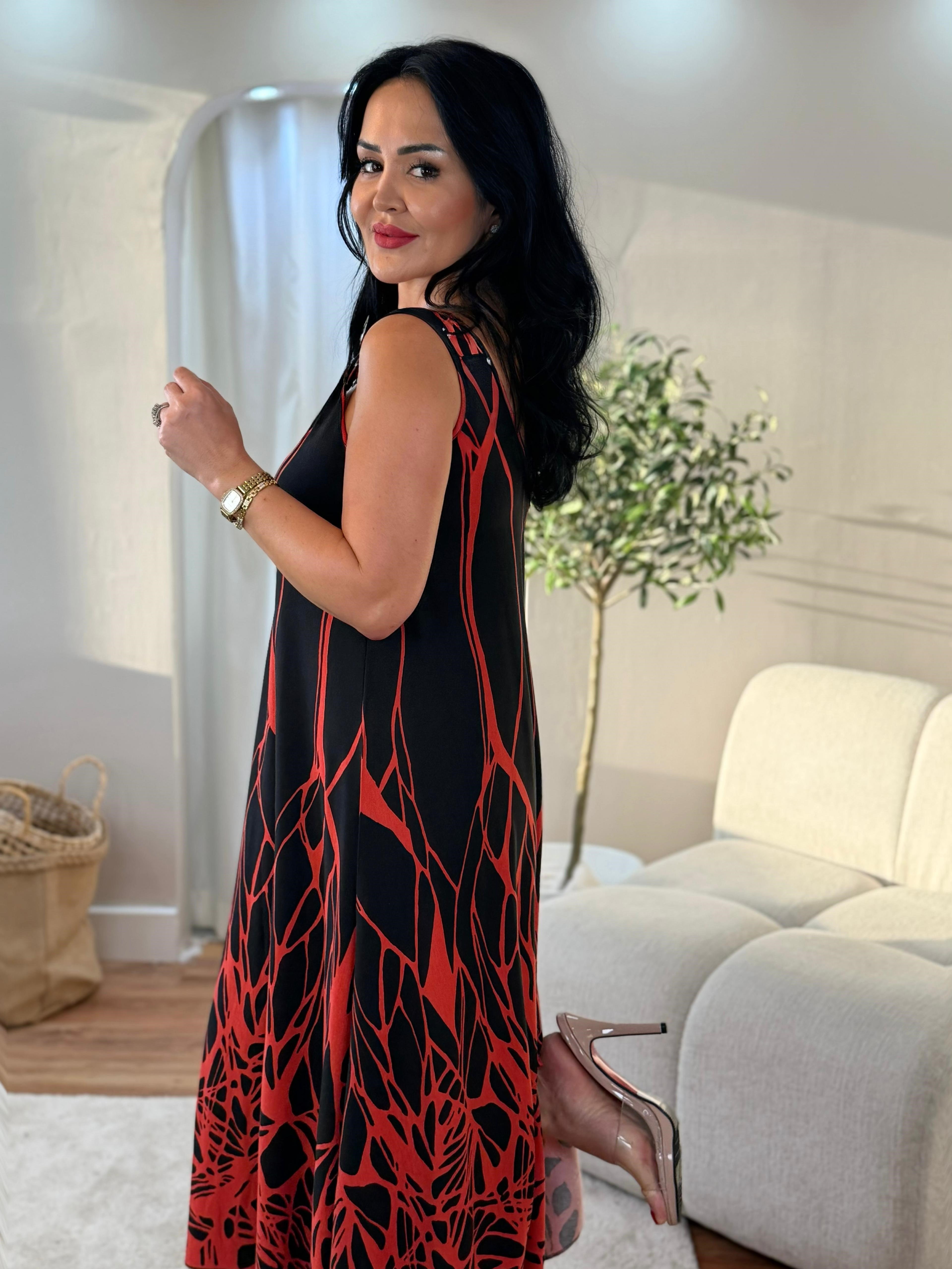 5033 Flora Çizgili Kırmızı Halka Detaylı Elbise5033